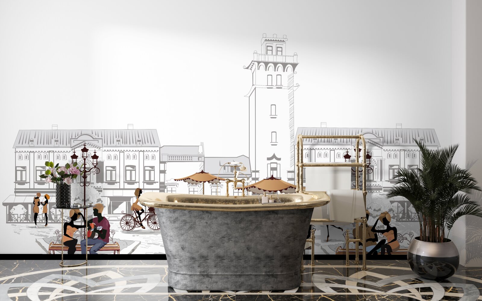 Papier peint personnes dans le centre ville dessinées au crayon