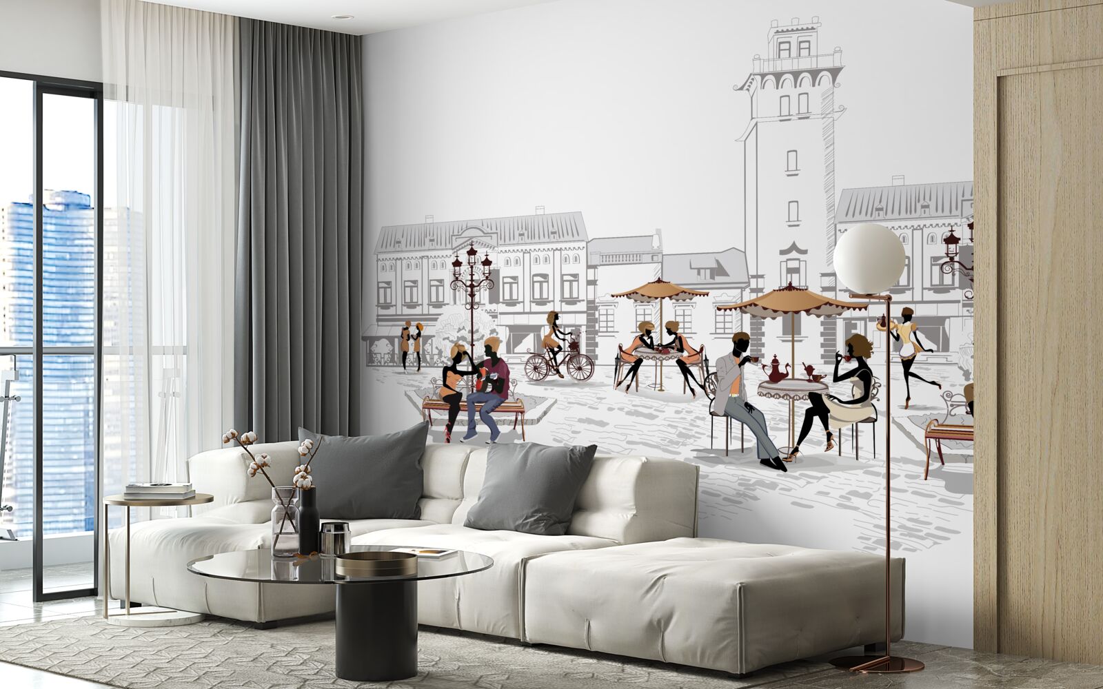 Papier peint personnes dans le centre ville dessinées au crayon