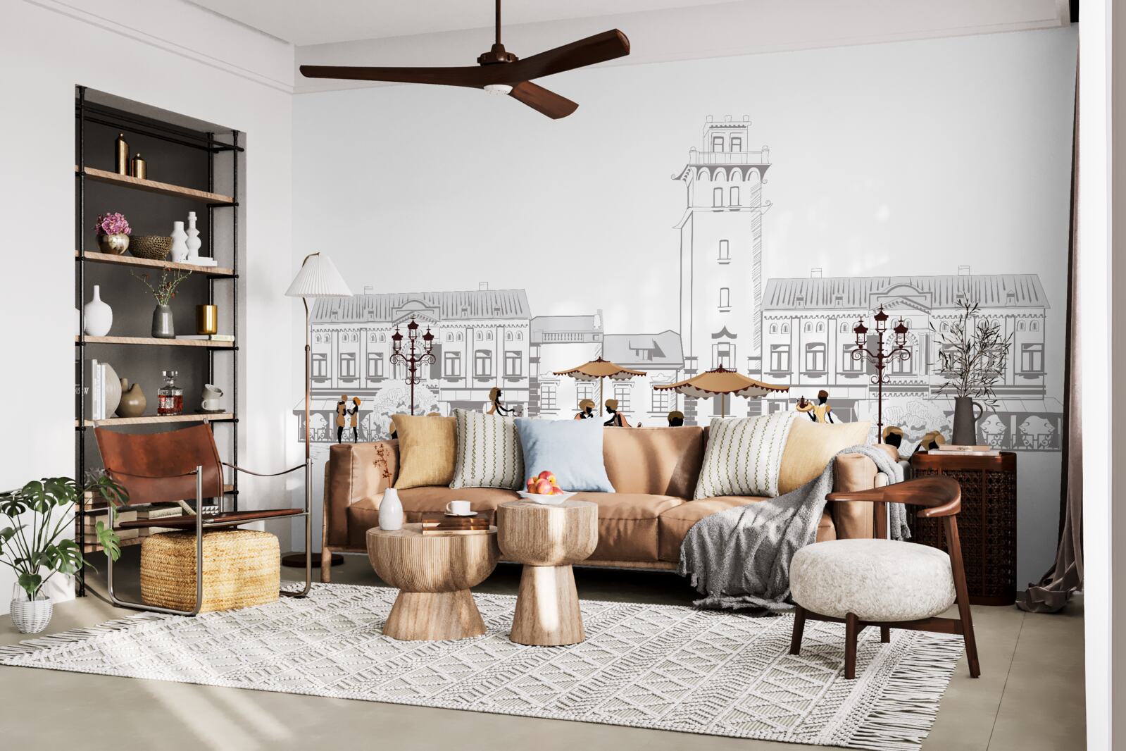 Papier peint personnes dans le centre ville dessinées au crayon