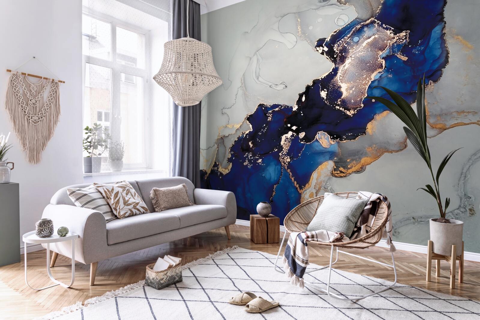 Papier peint bordure dorée sur fond de taches bleues