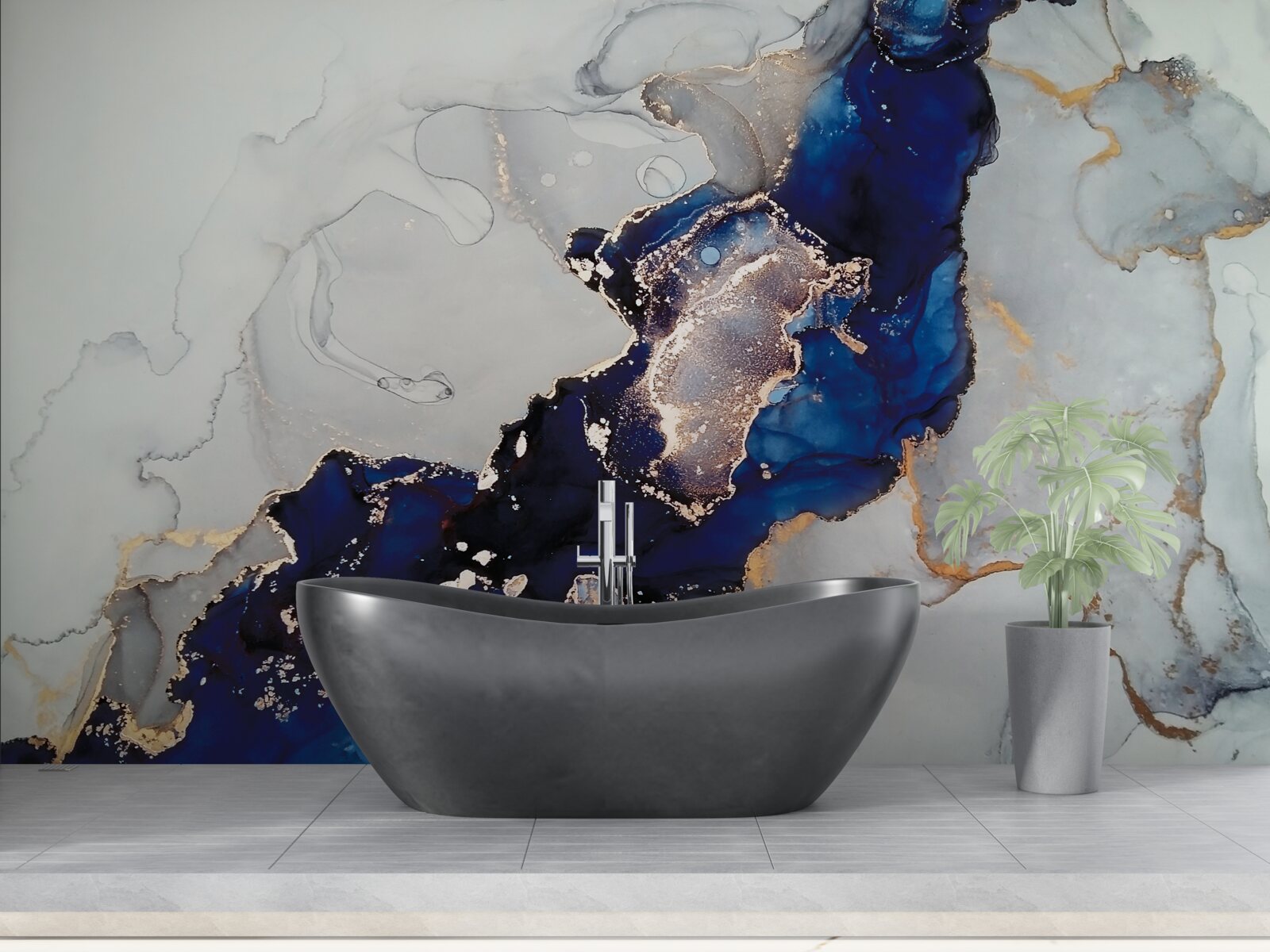 Papier peint bordure dorée sur fond de taches bleues