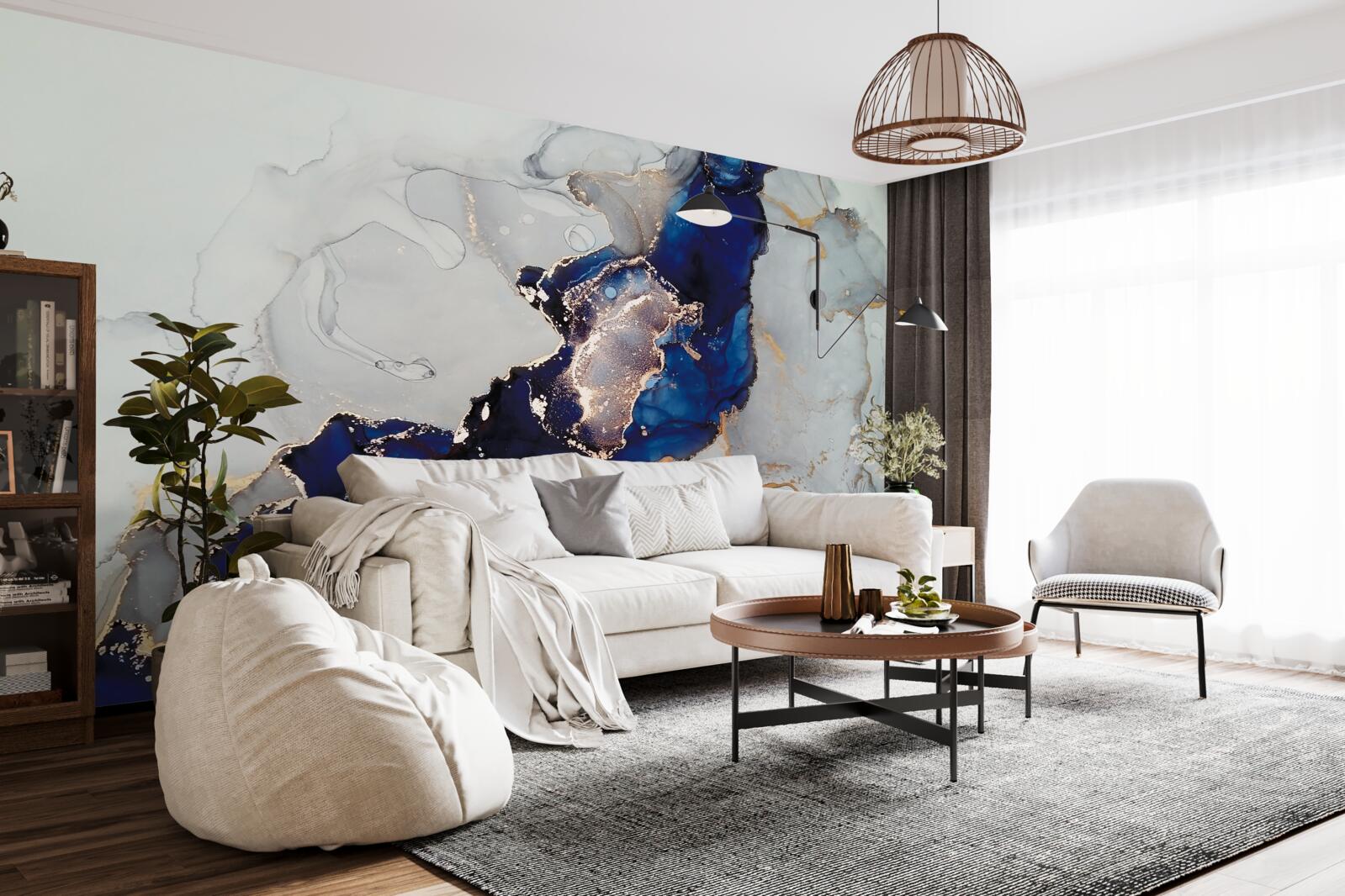 Papier peint bordure dorée sur fond de taches bleues