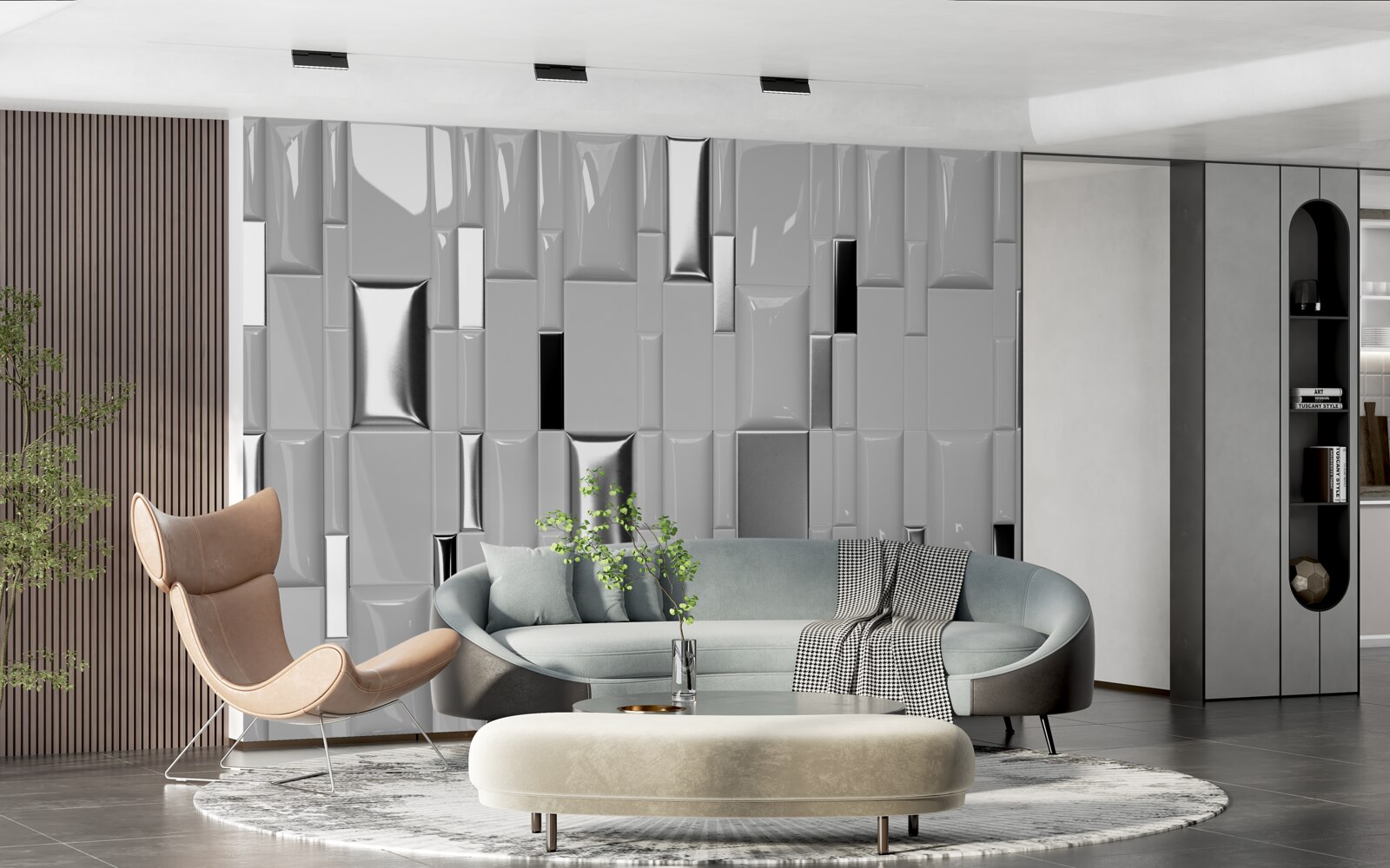 Papier peint carreaux gris brillant avec des tons dorés