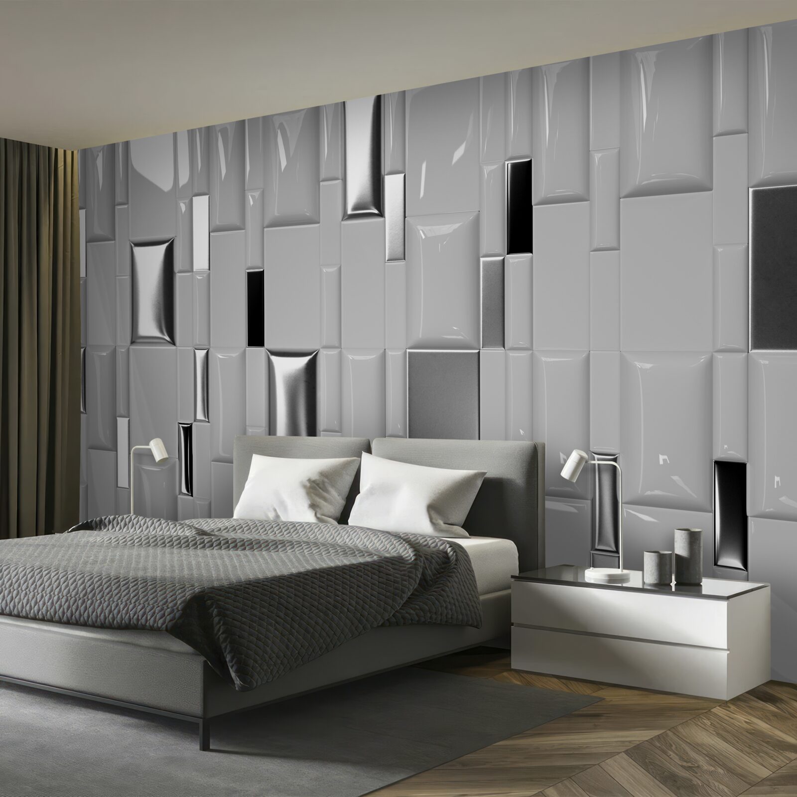 Papier peint carreaux gris brillant avec des tons dorés