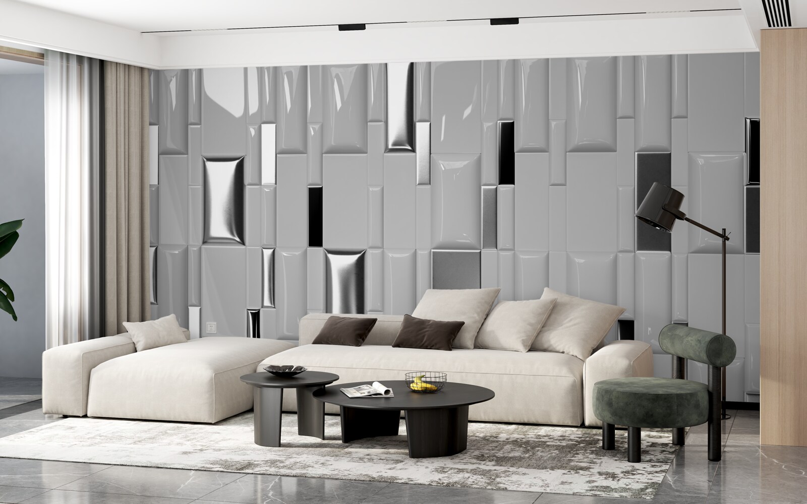 Papier peint carreaux gris brillant avec des tons dorés