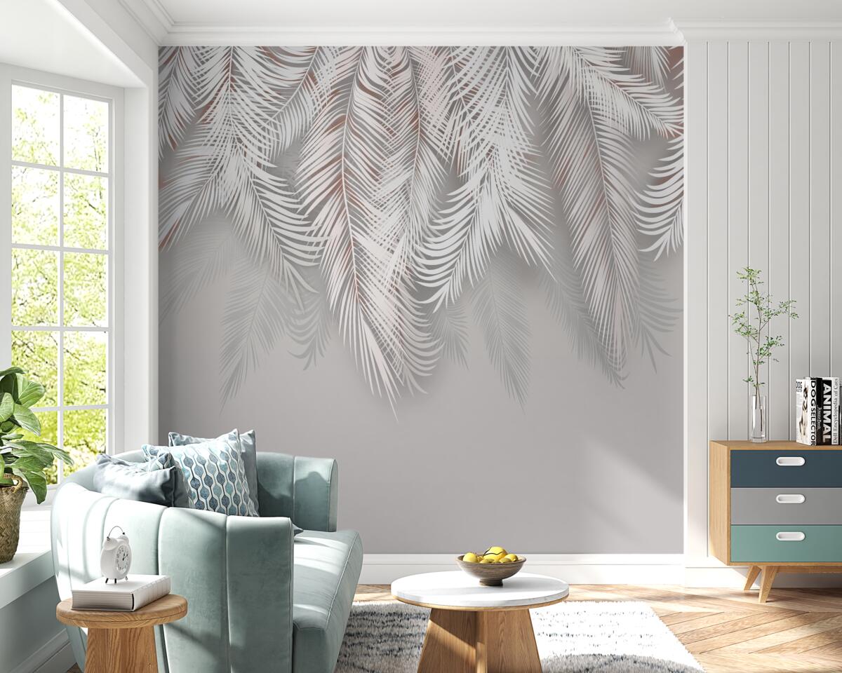 Papier peint feuilles de palmier gris clair