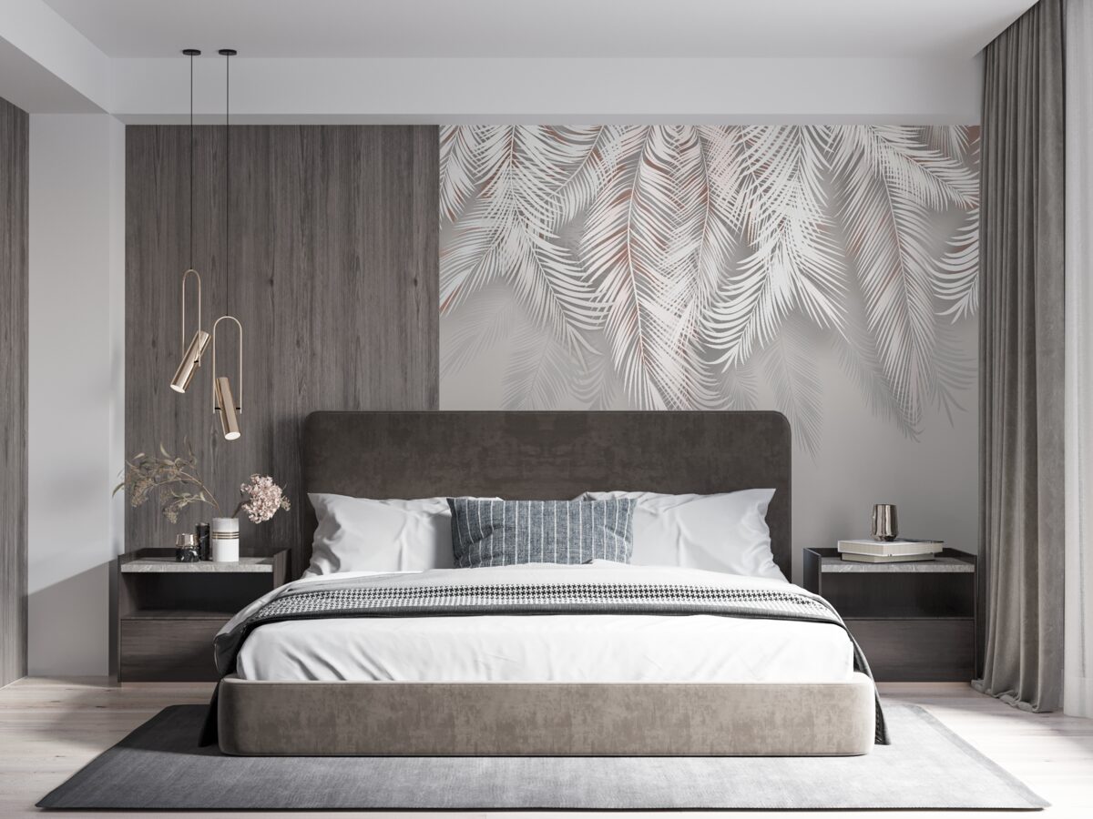 Papier peint feuilles de palmier gris clair