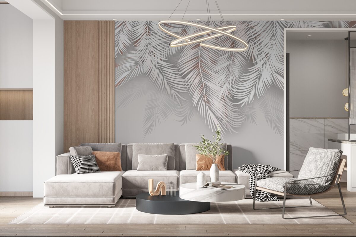 Papier peint feuilles de palmier gris clair