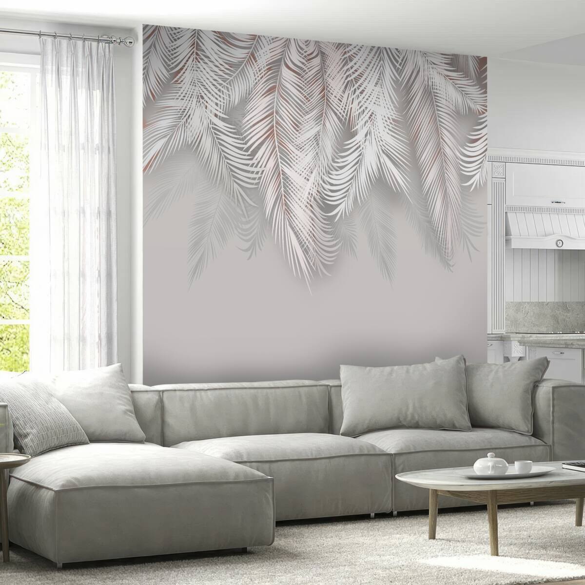 Papier peint feuilles de palmier gris clair