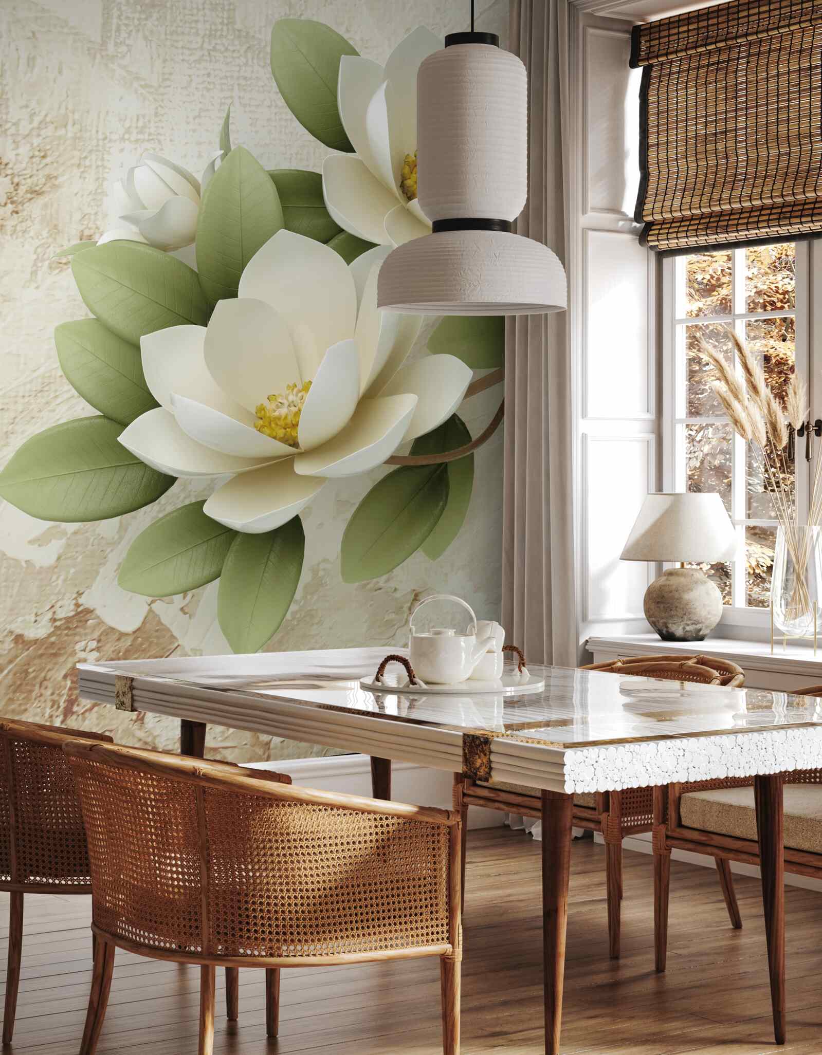 Papier peint nénuphar aux pétales blancs comme la neige et aux feuilles vertes