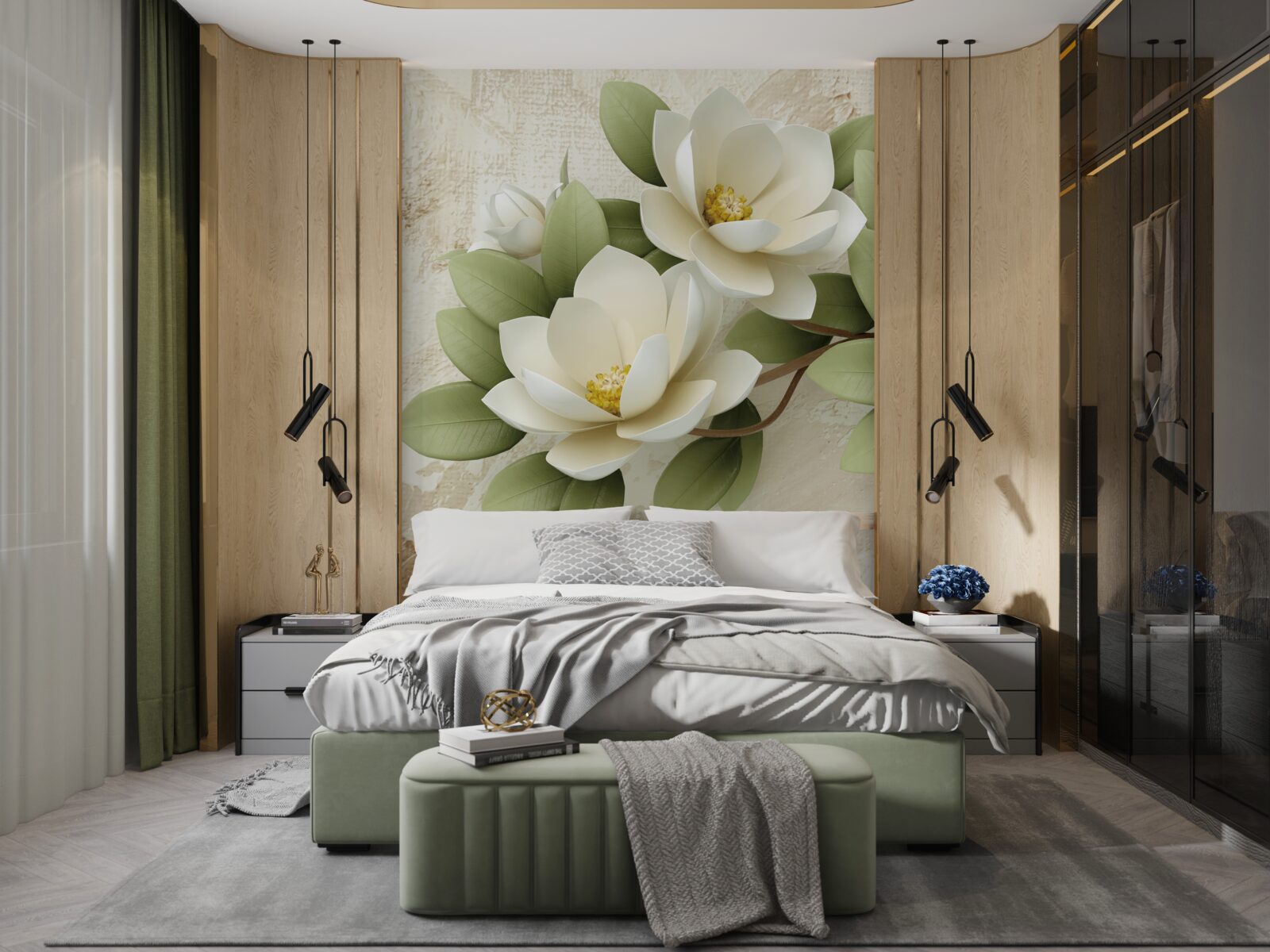 Papier peint nénuphar aux pétales blancs comme la neige et aux feuilles vertes