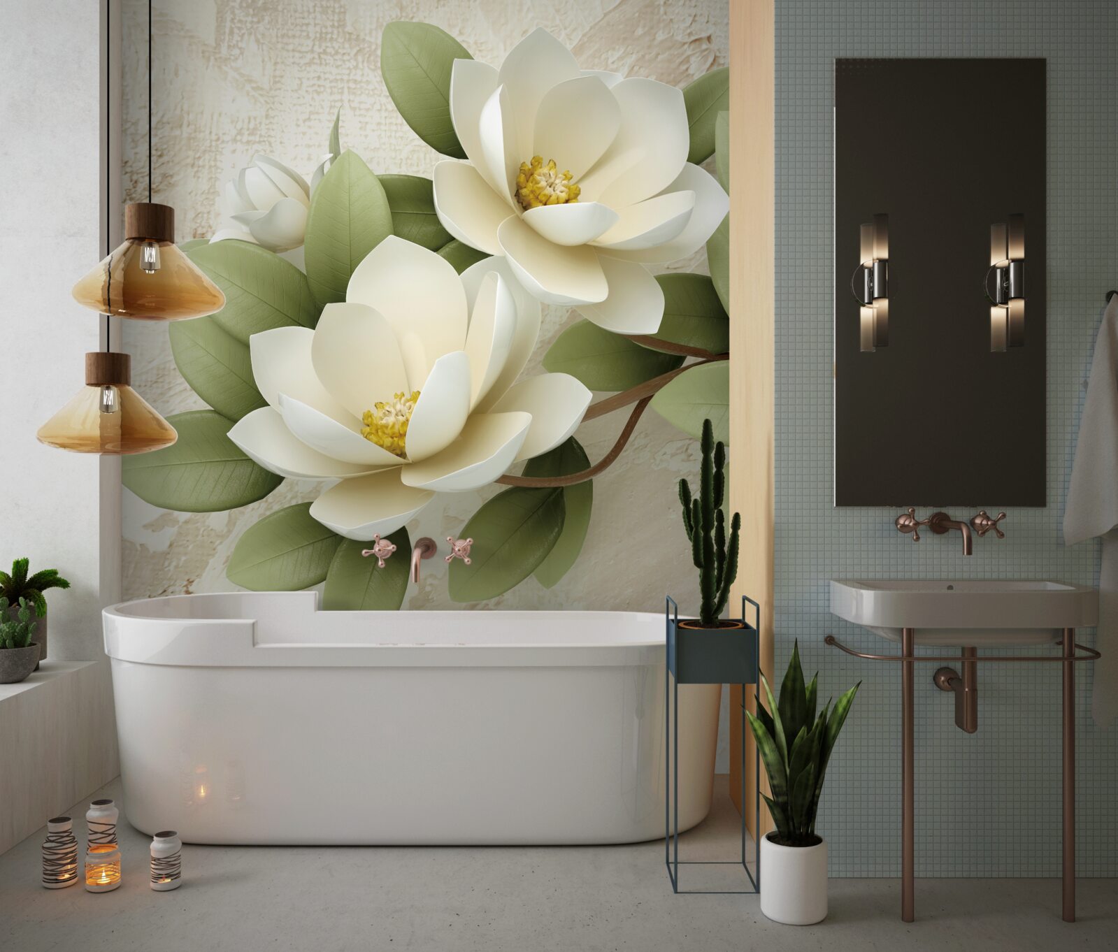 Papier peint nénuphar aux pétales blancs comme la neige et aux feuilles vertes