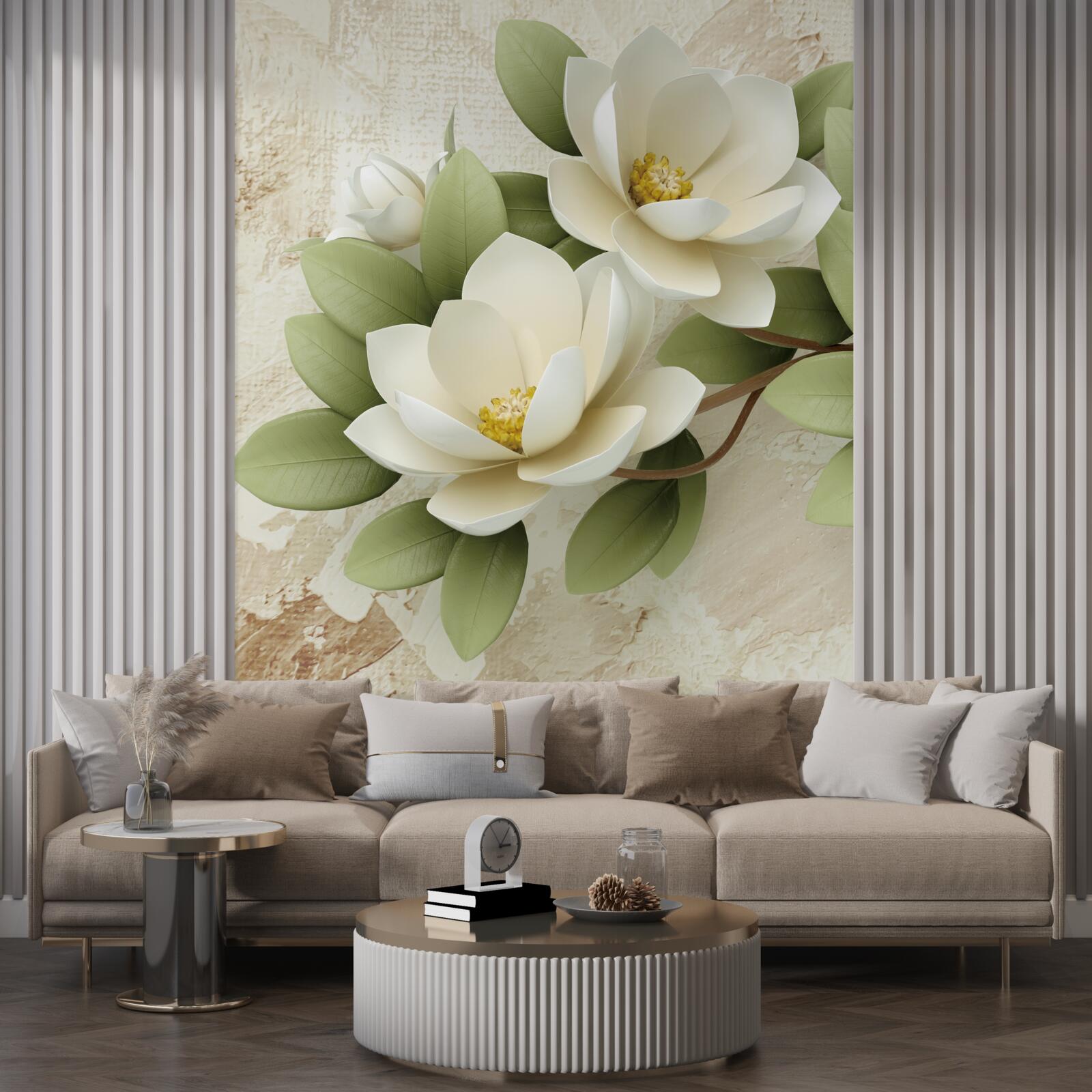 Papier peint nénuphar aux pétales blancs comme la neige et aux feuilles vertes