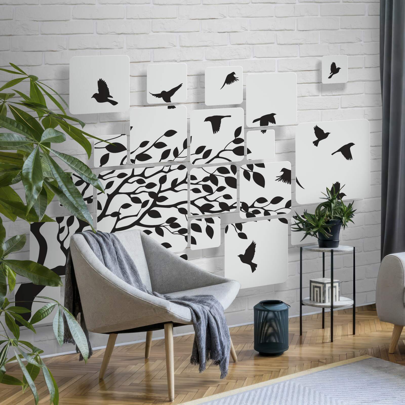 Papier peint avec le vent, les oiseaux quittent l'arbre