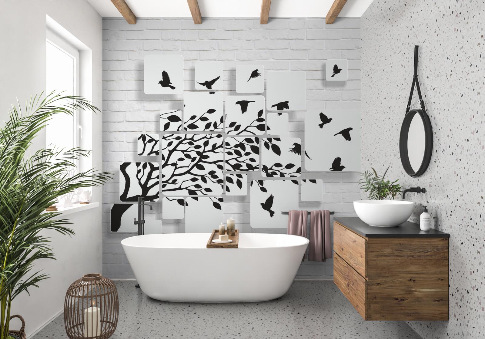 Papier peint avec le vent, les oiseaux quittent l'arbre