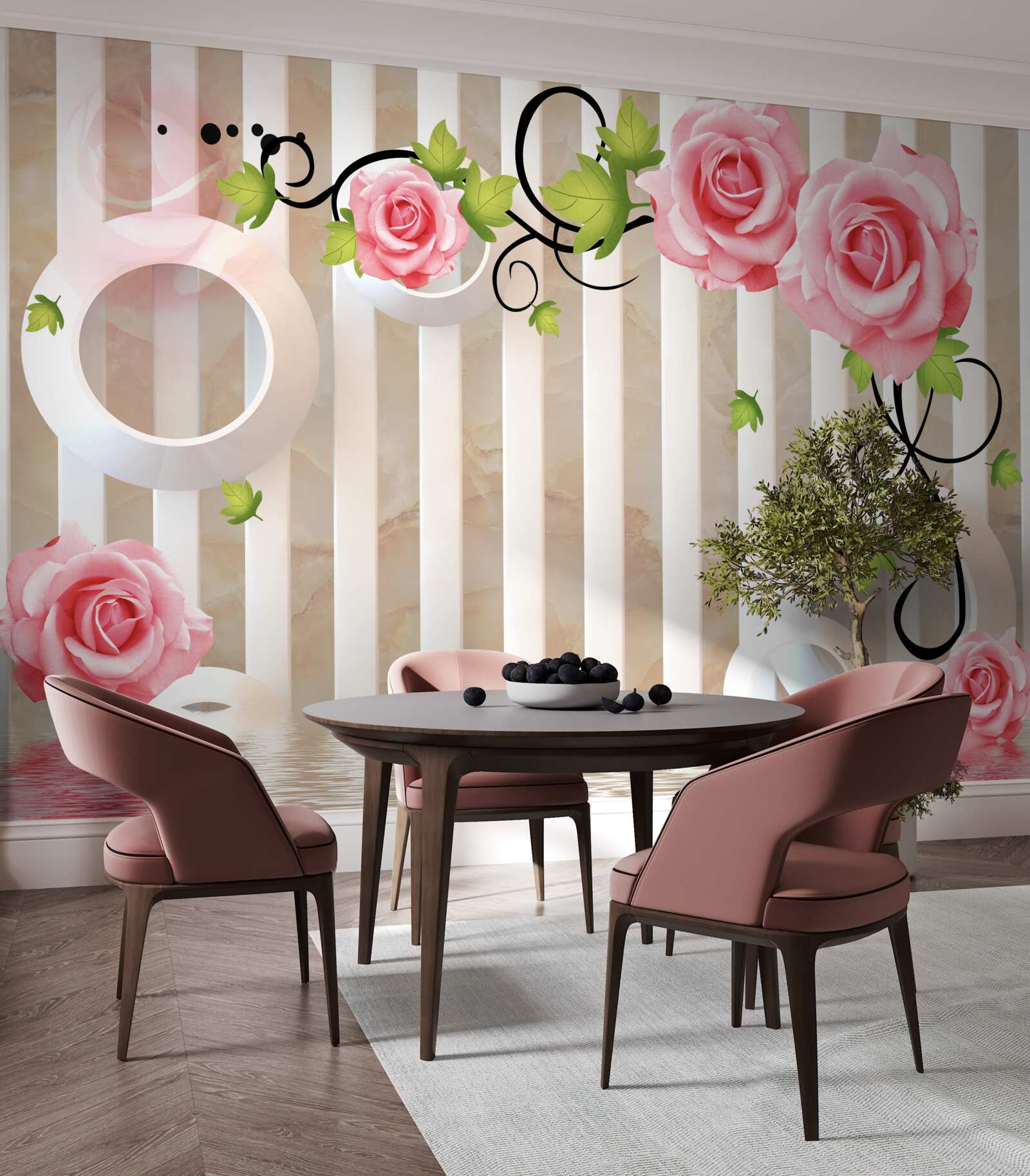 Papier peint rose aux pétales roses et aux feuilles vertes près de l'eau