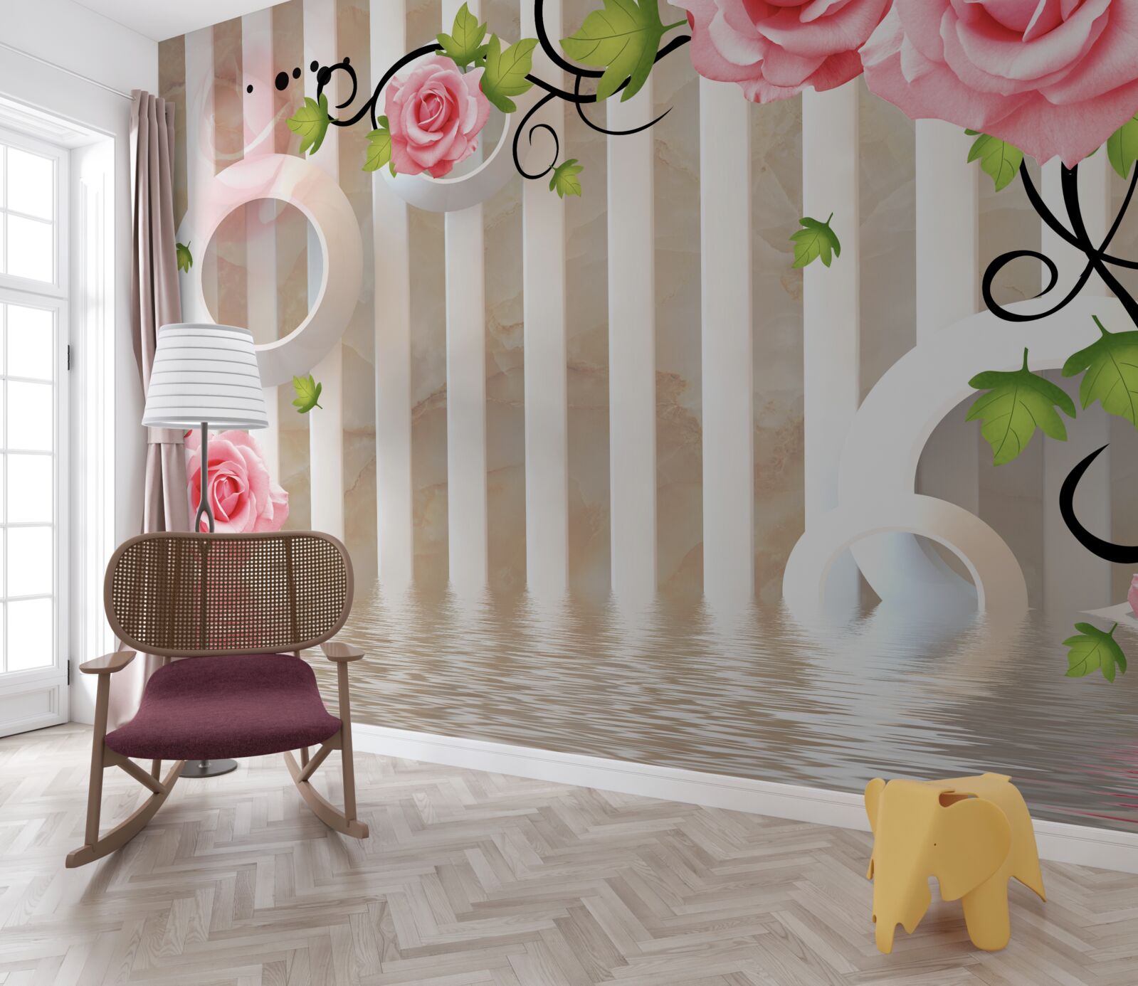 Papier peint rose aux pétales roses et aux feuilles vertes près de l'eau