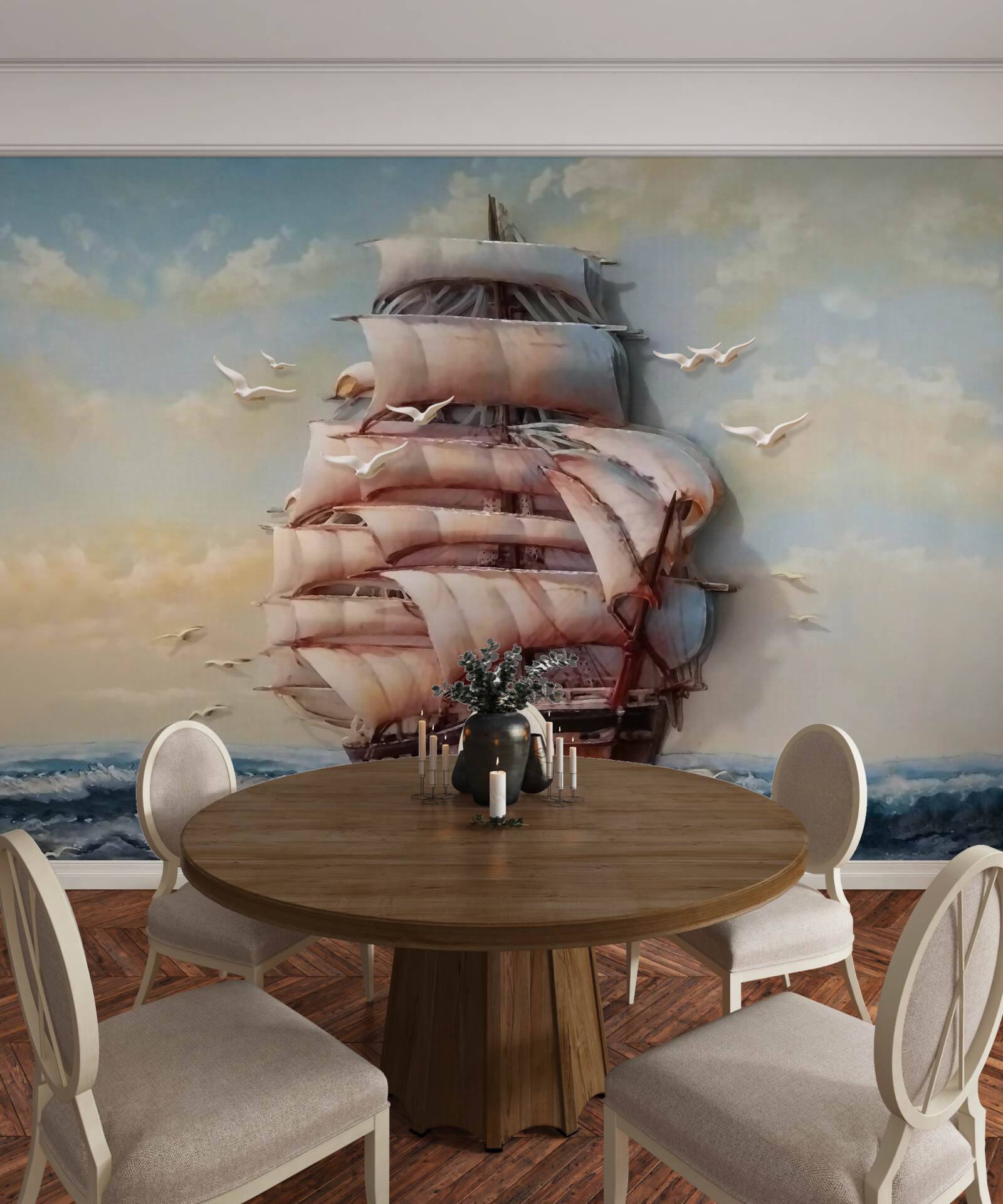 Papier peint navire avec des voiles pendant une tempête