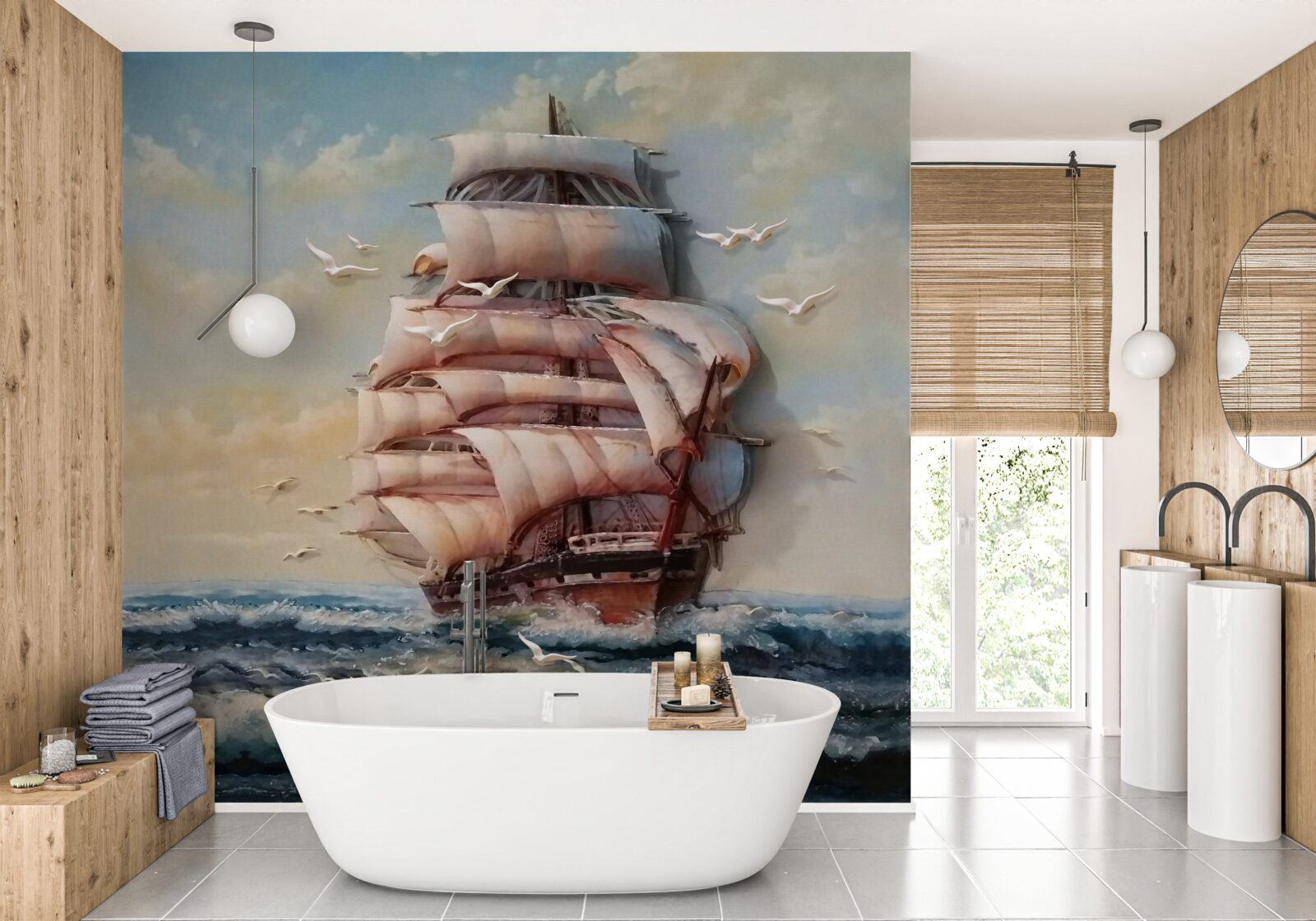 Papier peint navire avec des voiles pendant une tempête