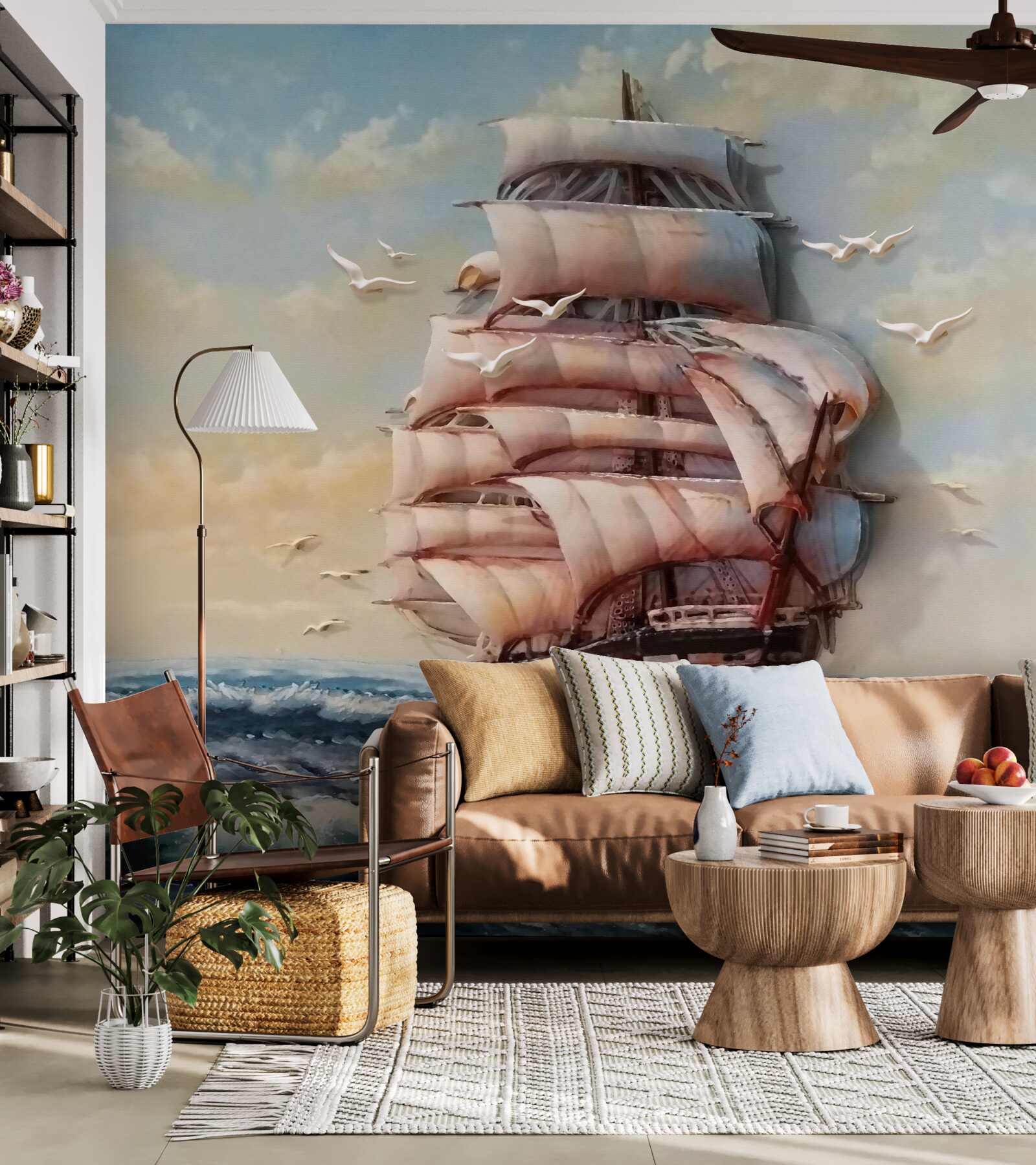 Papier peint navire avec des voiles pendant une tempête