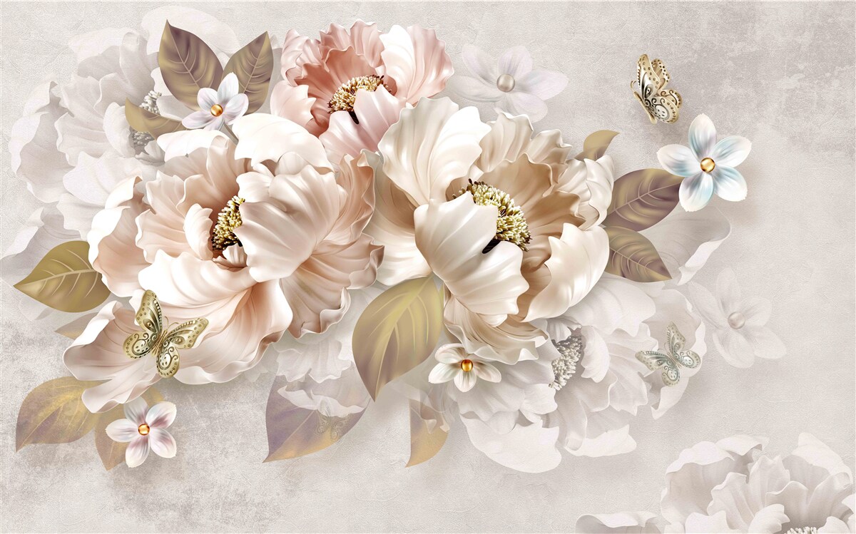 Papier peint composition florale à l'aquarelle sur fond gris clair