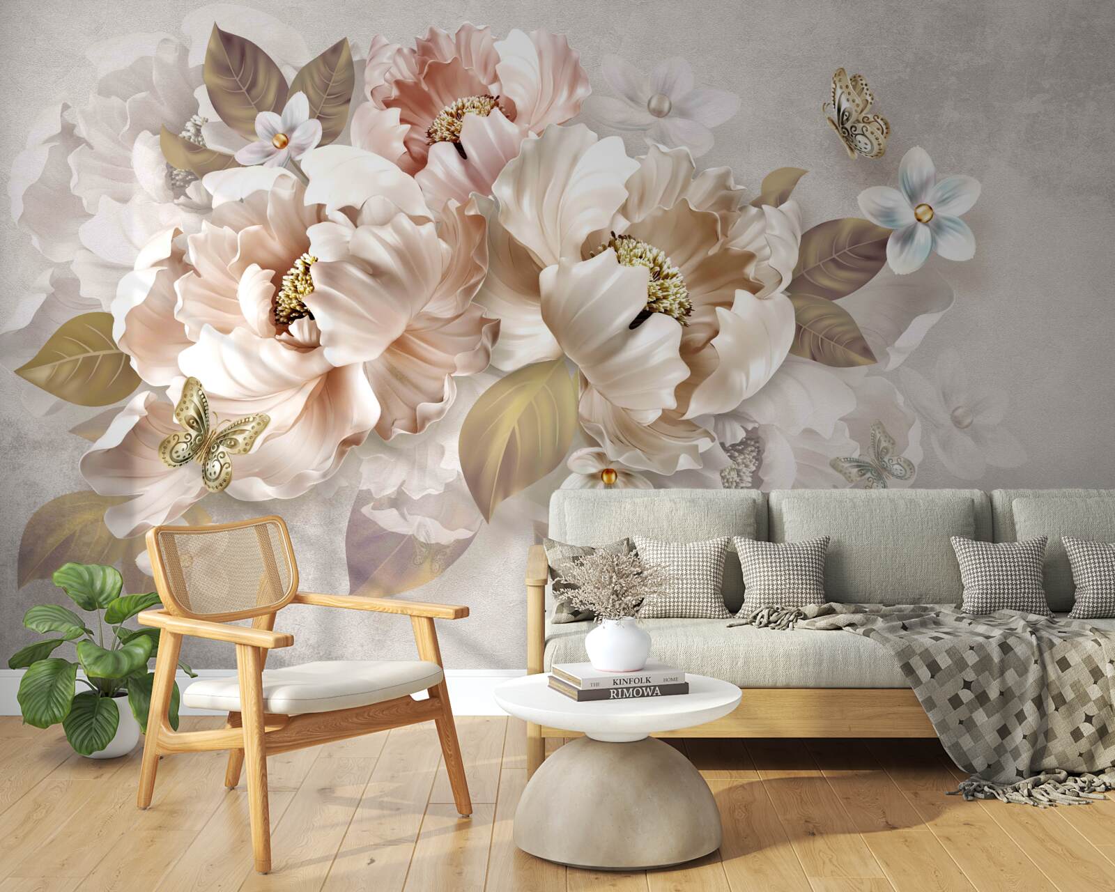 Papier peint composition florale à l'aquarelle sur fond gris clair