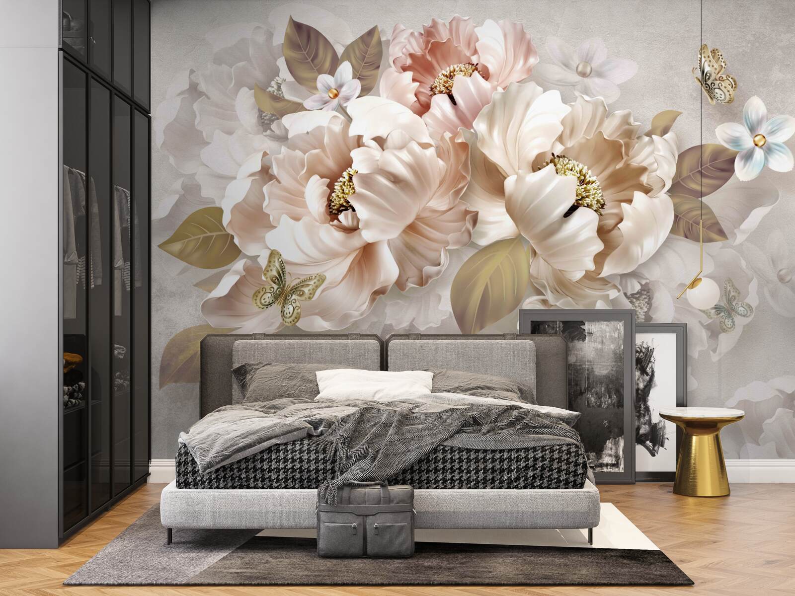 Papier peint composition florale à l'aquarelle sur fond gris clair