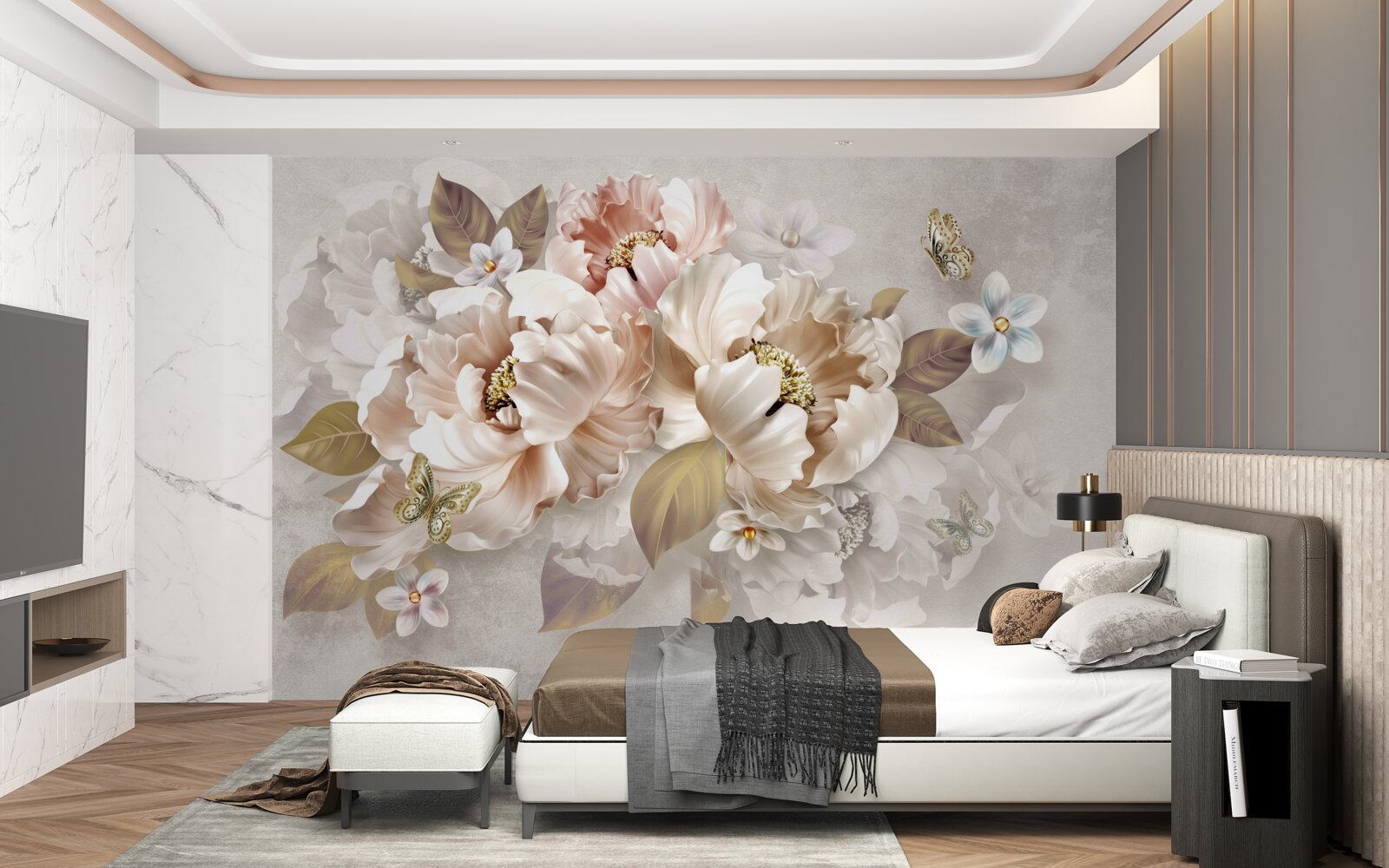 Papier peint composition florale à l'aquarelle sur fond gris clair