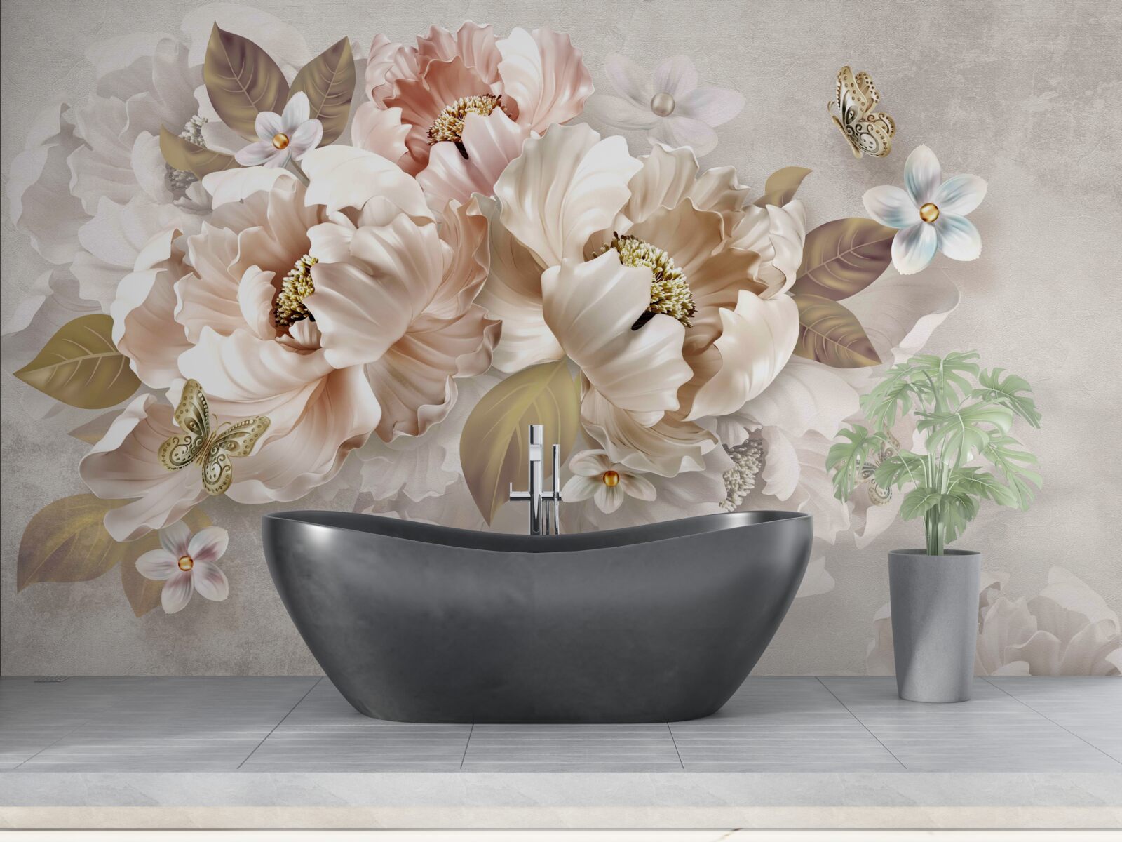 Papier peint composition florale à l'aquarelle sur fond gris clair