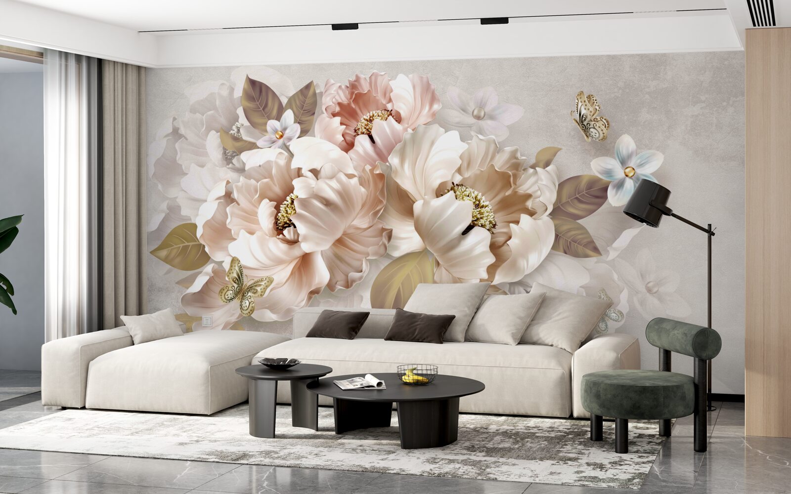 Papier peint composition florale à l'aquarelle sur fond gris clair