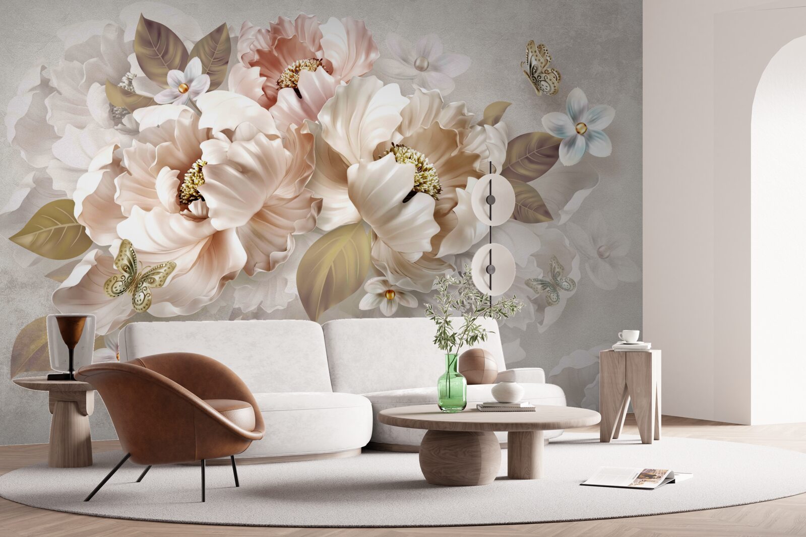 Papier peint composition florale à l'aquarelle sur fond gris clair