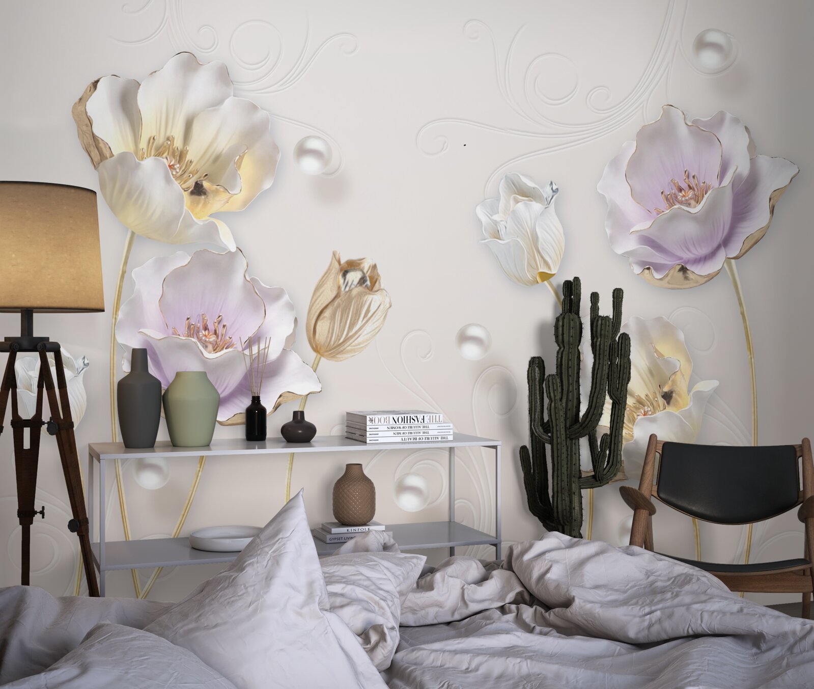 Papier peint des fleurs brillantes couvertes de grosses gouttes de pluie