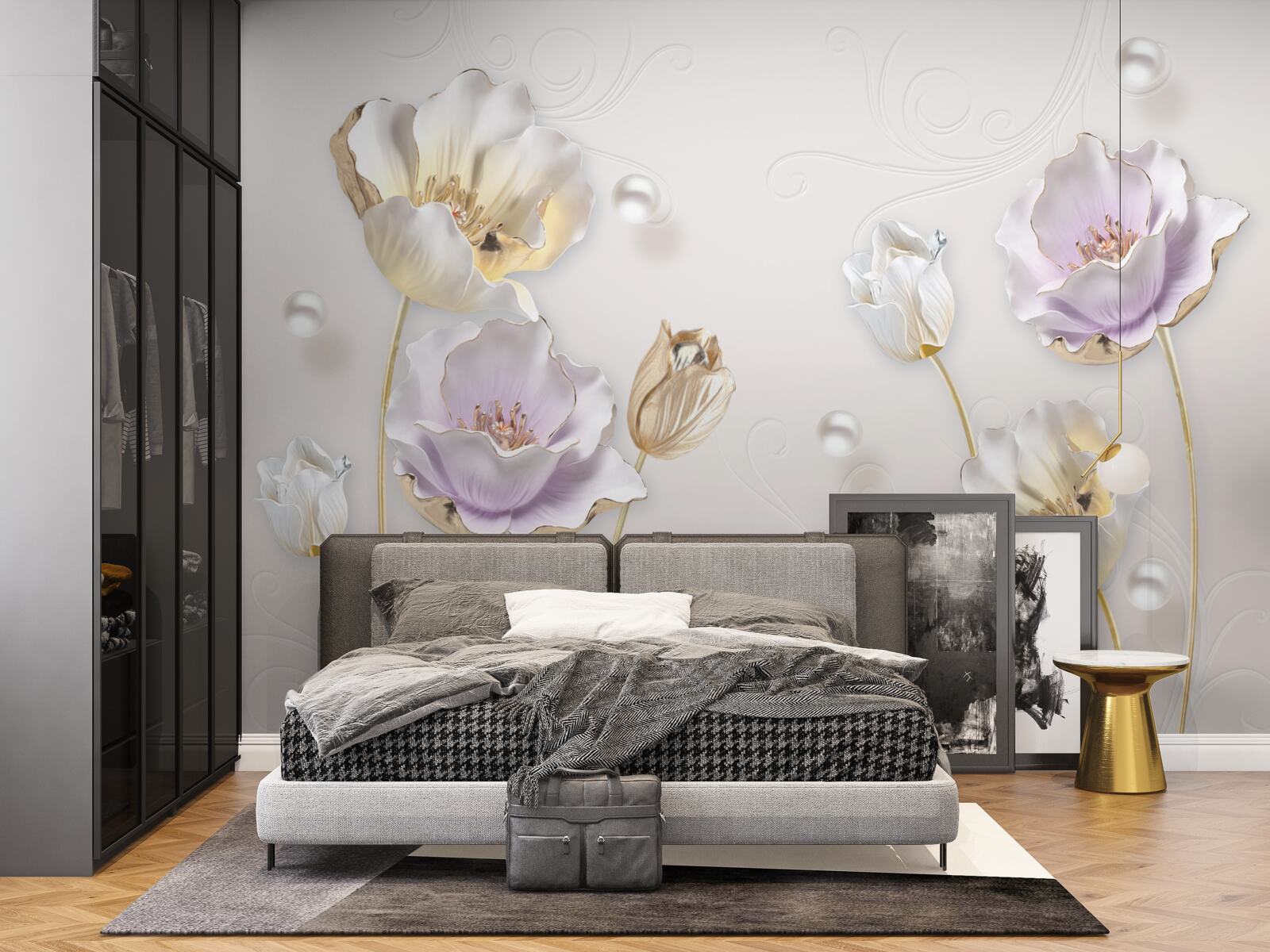 Papier peint des fleurs brillantes couvertes de grosses gouttes de pluie