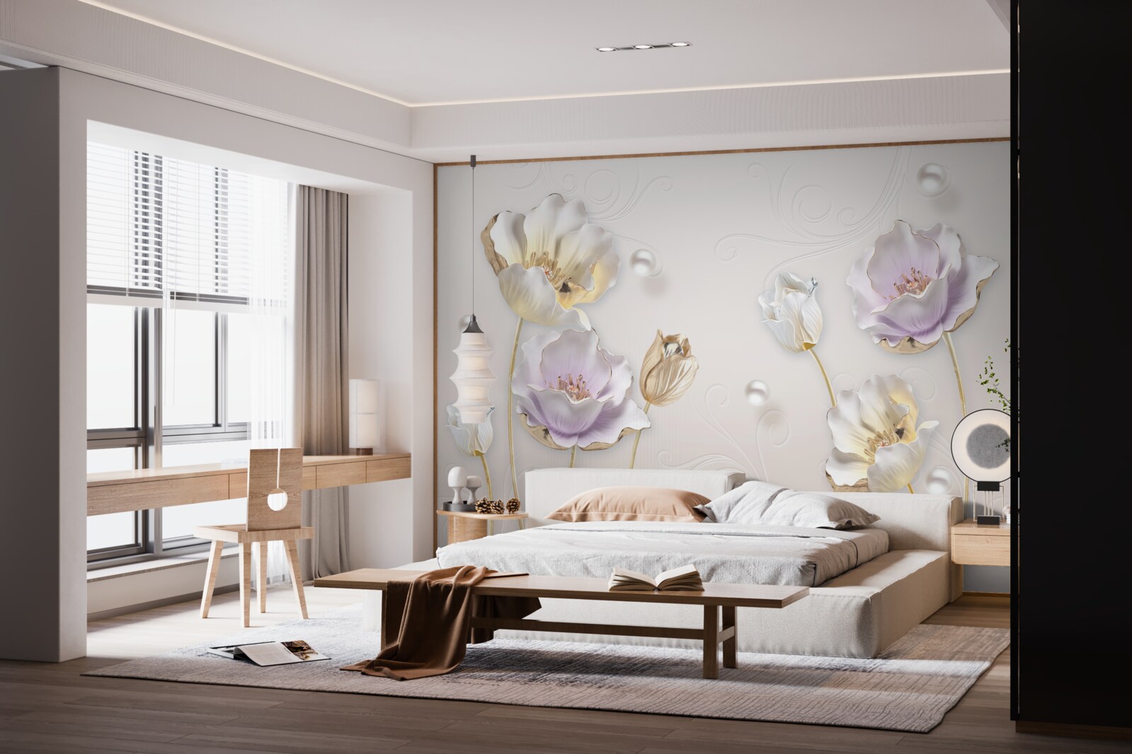 Papier peint des fleurs brillantes couvertes de grosses gouttes de pluie