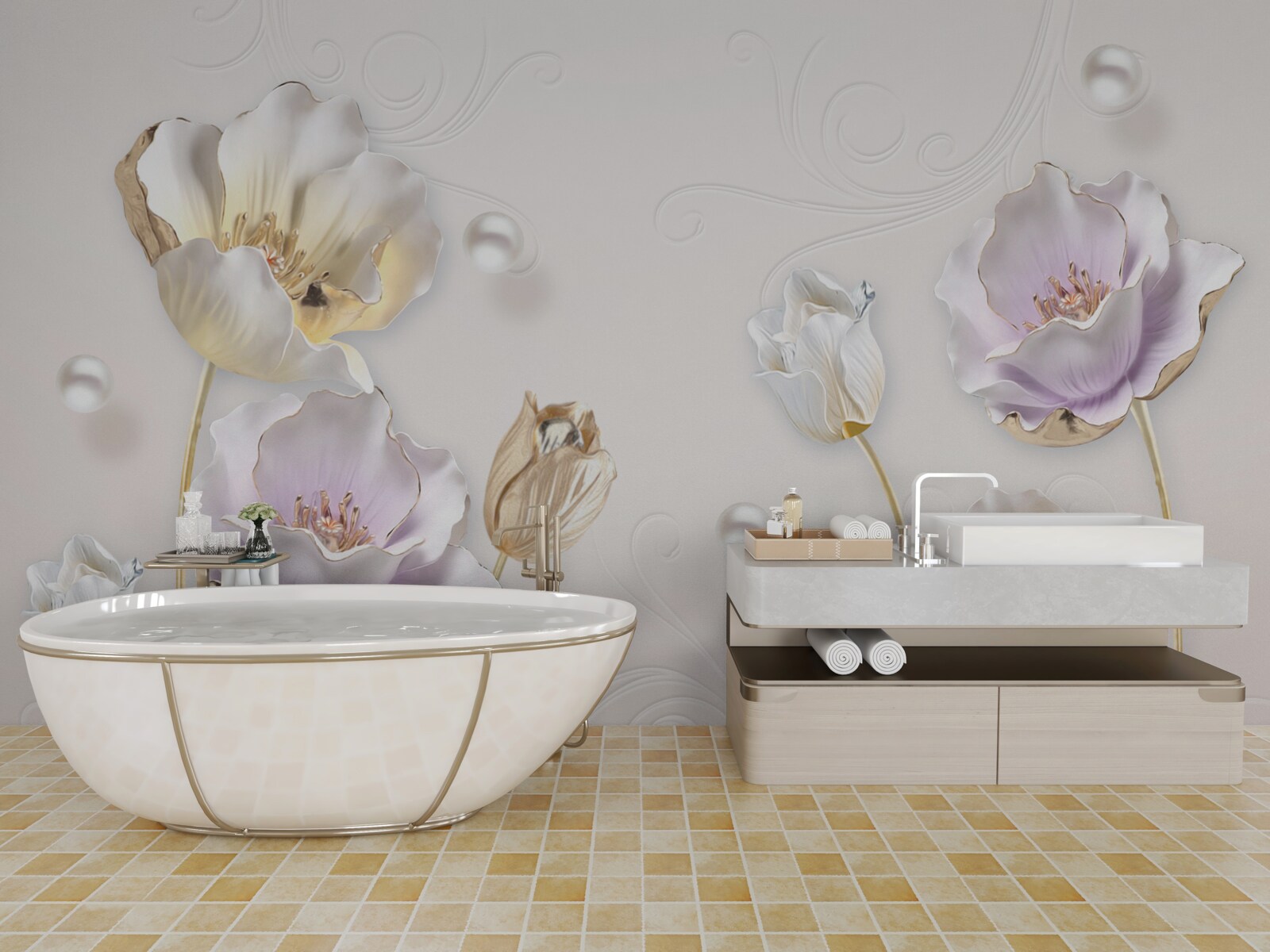 Papier peint des fleurs brillantes couvertes de grosses gouttes de pluie