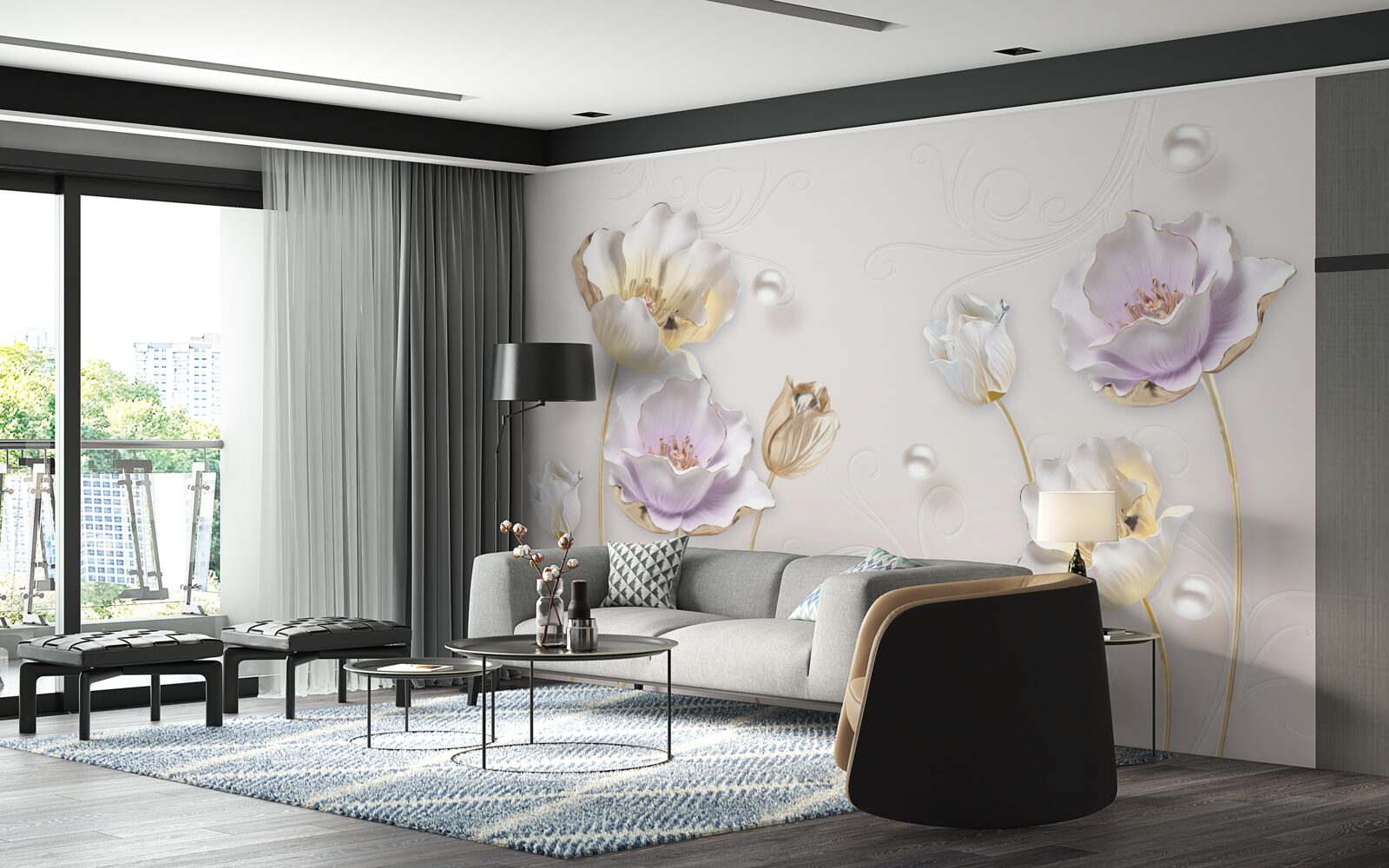 Papier peint des fleurs brillantes couvertes de grosses gouttes de pluie