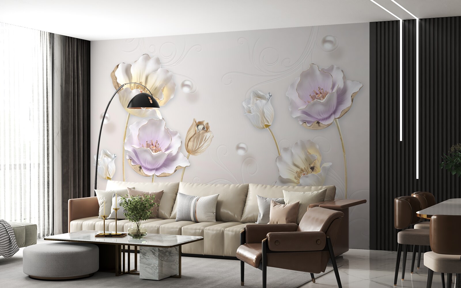 Papier peint des fleurs brillantes couvertes de grosses gouttes de pluie