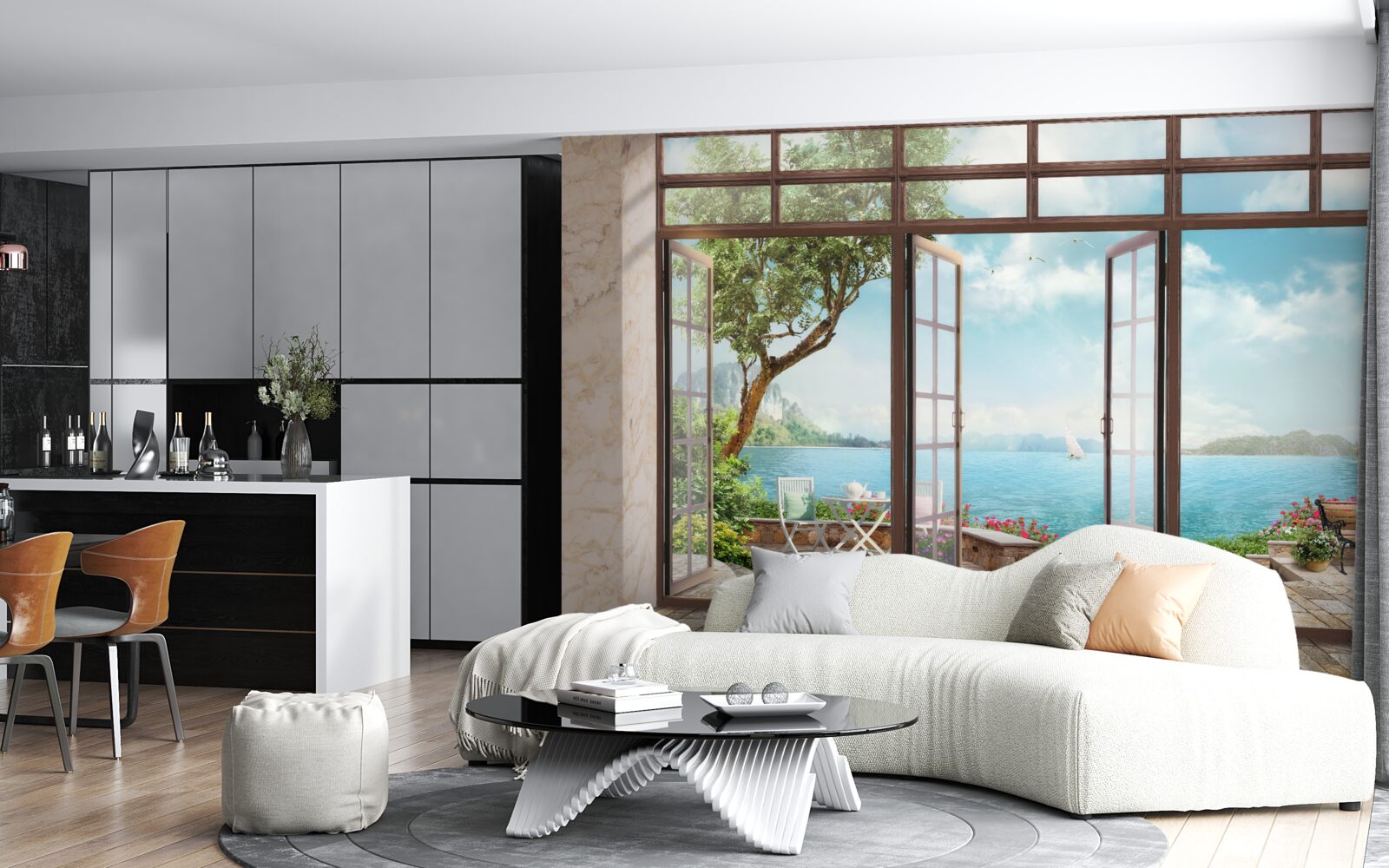 Papier peint balcon d'été avec vue sur la mer