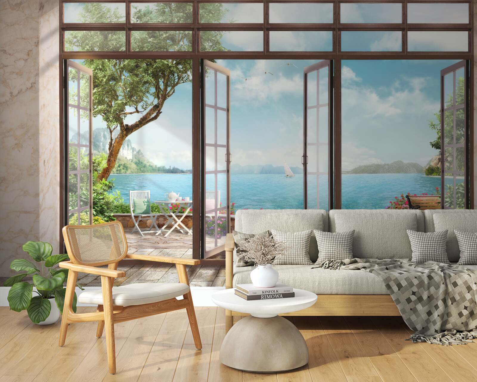 Papier peint balcon d'été avec vue sur la mer