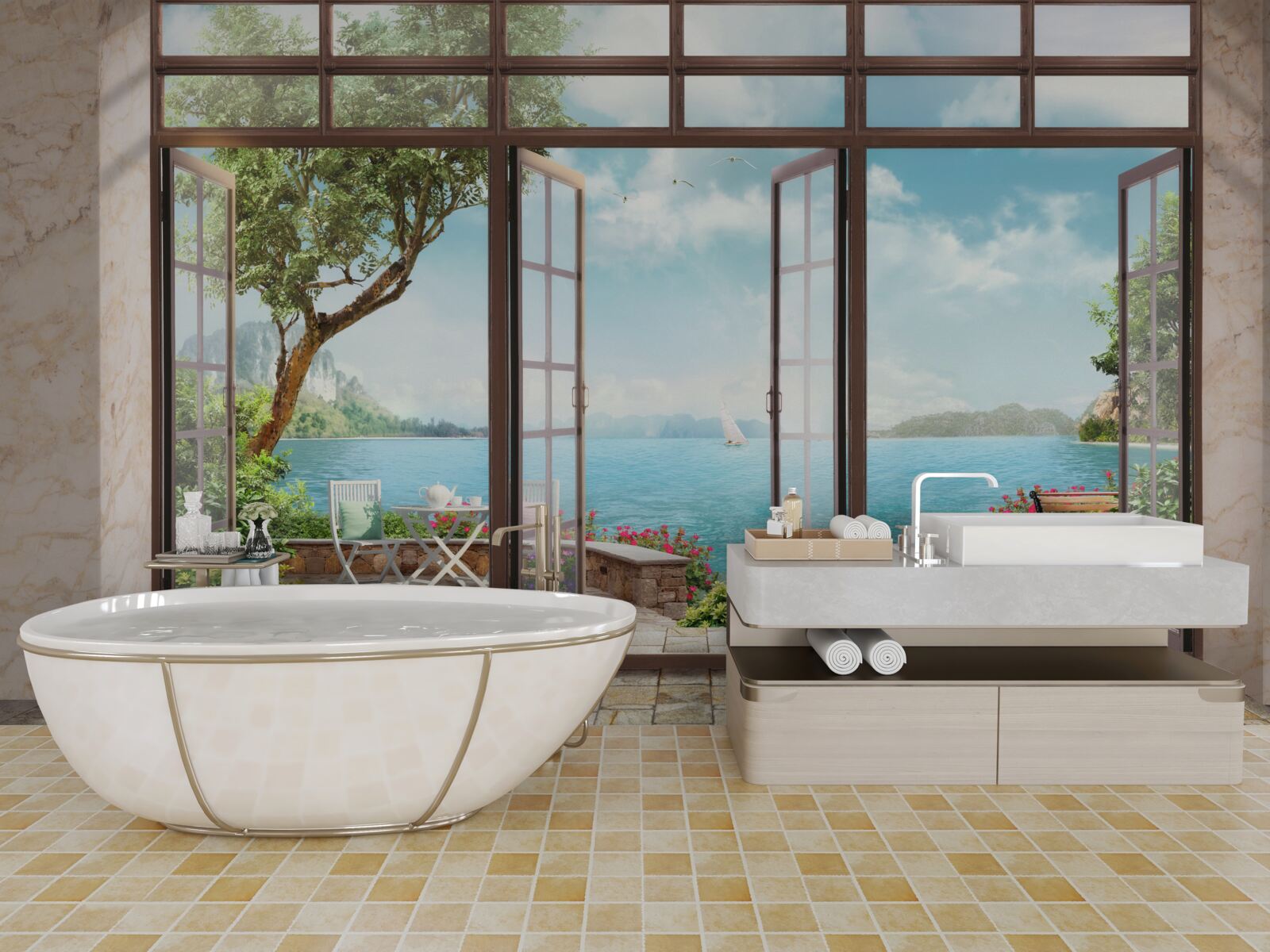 Papier peint balcon d'été avec vue sur la mer