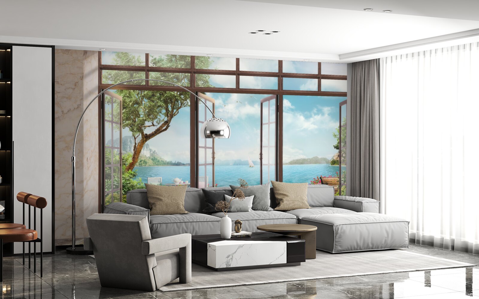 Papier peint balcon d'été avec vue sur la mer