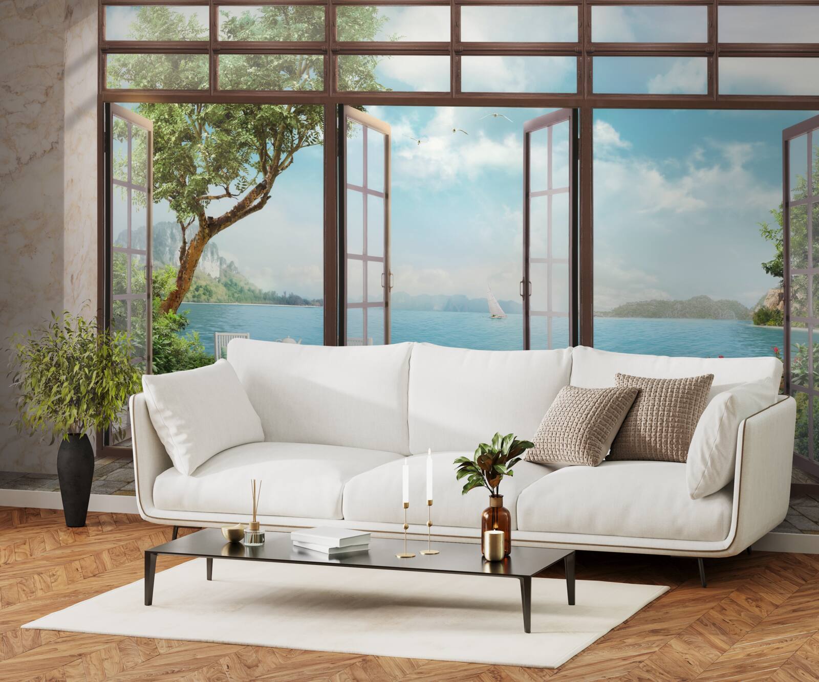 Papier peint balcon d'été avec vue sur la mer