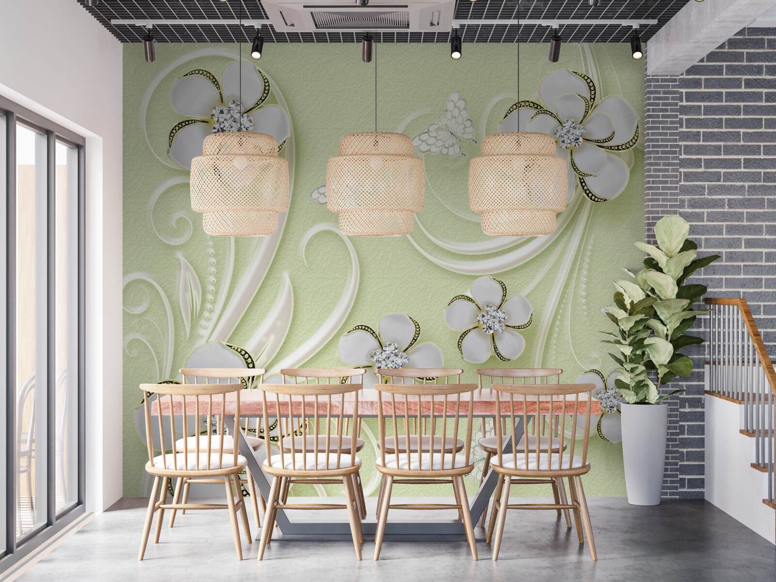 Papier peint écouvillons sur fond vert tendre