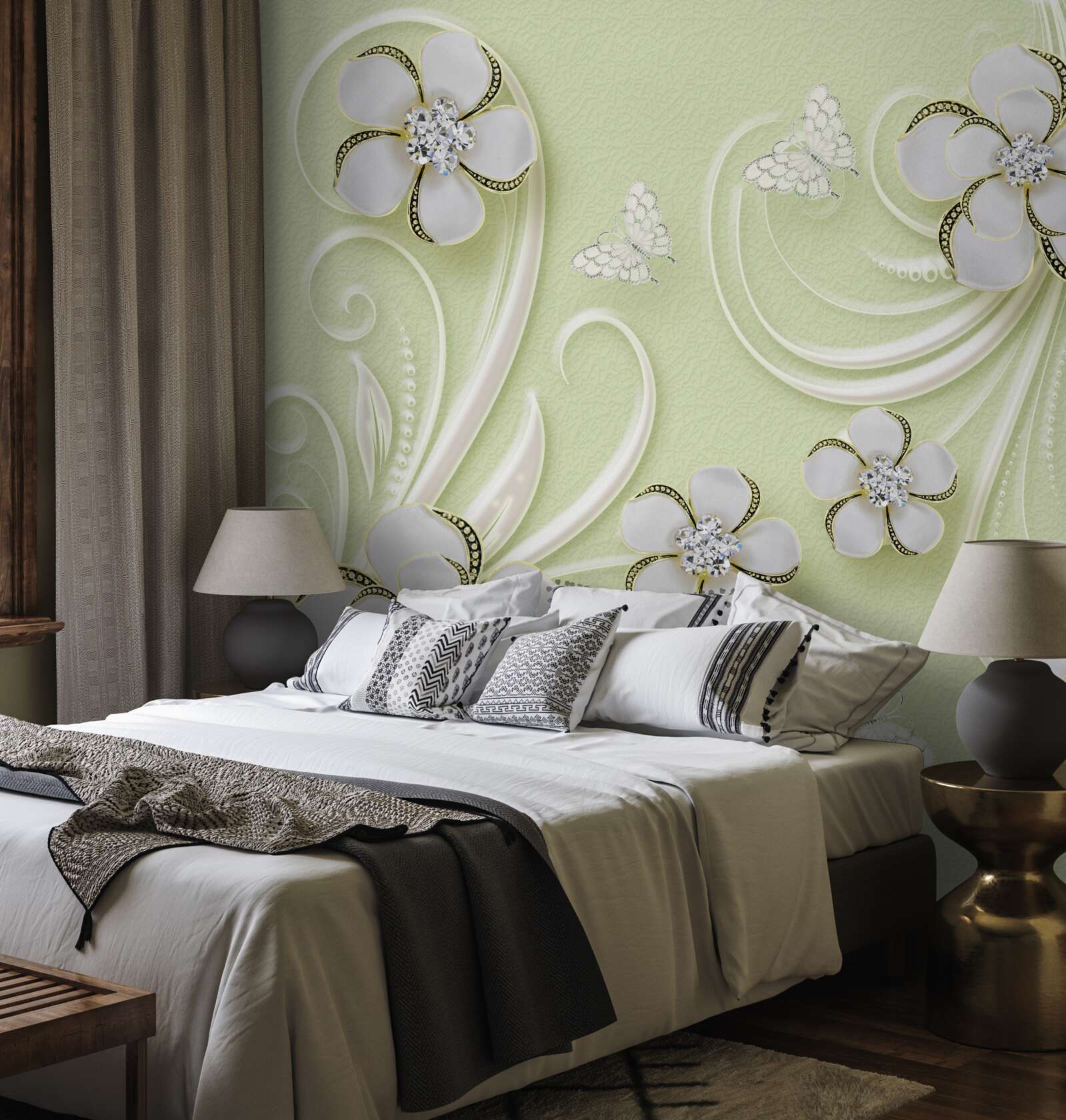 Papier peint écouvillons sur fond vert tendre