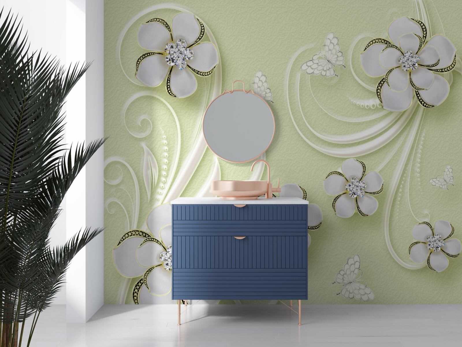 Papier peint écouvillons sur fond vert tendre