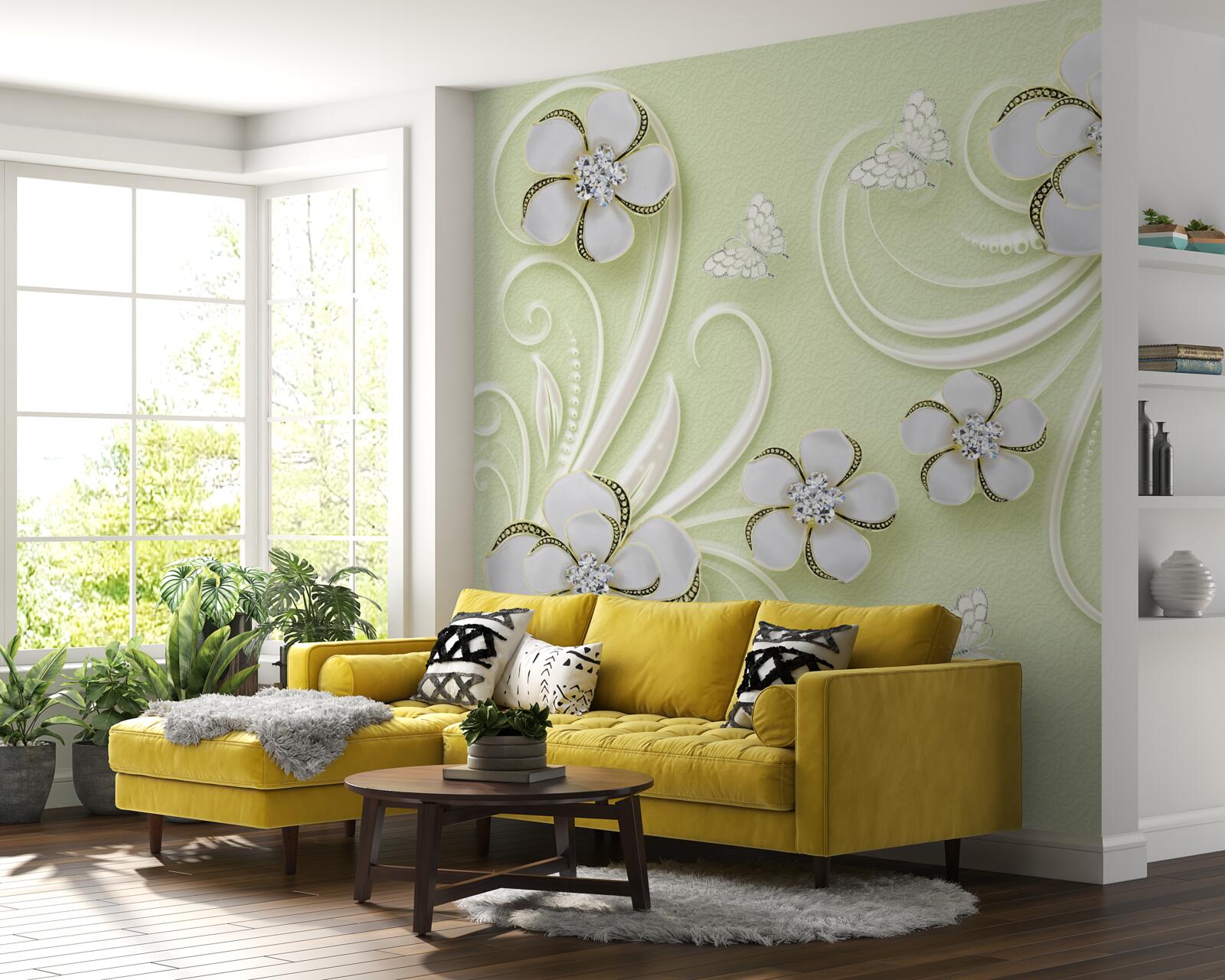 Papier peint écouvillons sur fond vert tendre