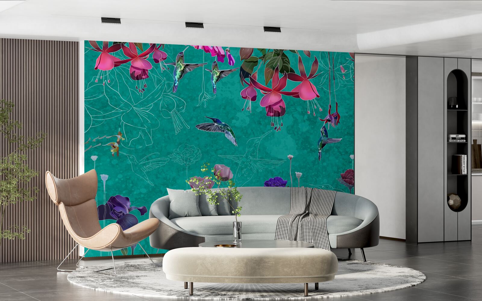 Papier peint dans le ciel nocturne, les tulipes deviennent roses et les pissenlits scintillent