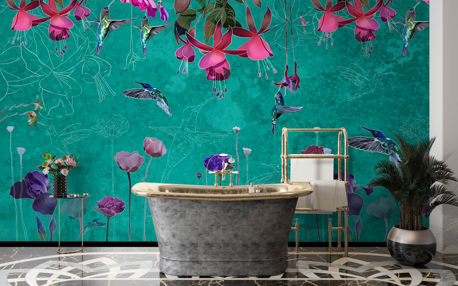 Papier peint dans le ciel nocturne, les tulipes deviennent roses et les pissenlits scintillent