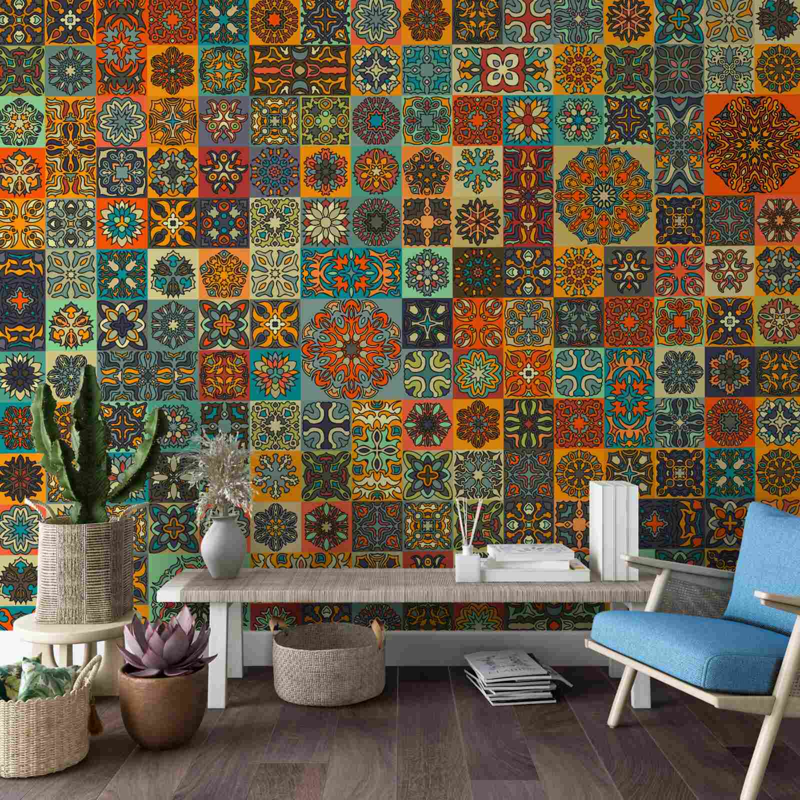 Papier peint motifs ethniques carrés