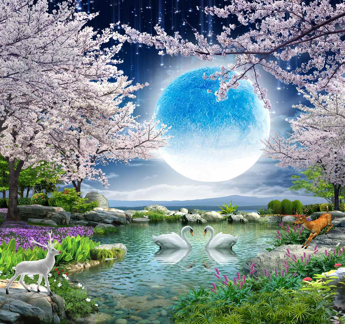 Papier peint lune bleue abstraite sur fond de lac avec fleurs de cerisier